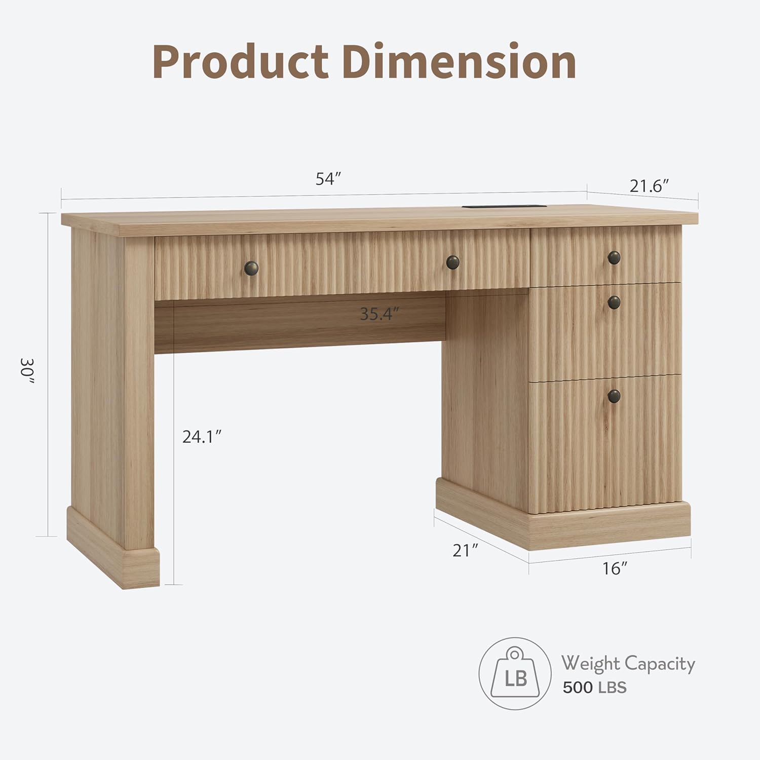 Garvee Fluted Home Office Desk Storage, 54" Modern Executive Desk with Charging Station, Wooden Computer Writing Desk with File Drawers for Study Room (Burlywood, 54.0”L x 21.6 "D x 30.0" H)