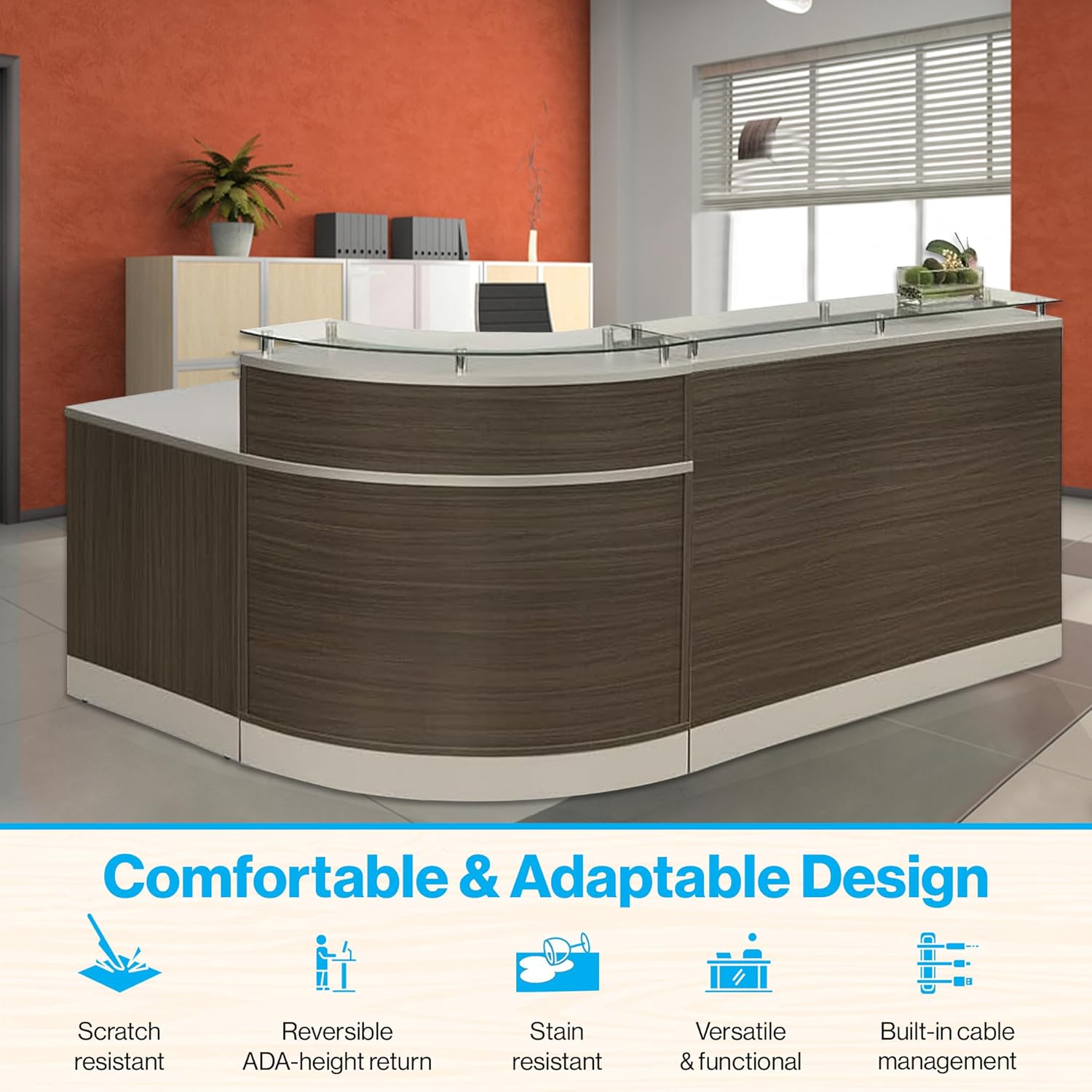 NBF L Shaped Modern Reception Desk with Counter - 79" W x 63" D Retail Checkout Counter - Curved Front Desk Reception Counter - Countertop Welcome Desk for Office Lobby Salon Store (Driftwood)