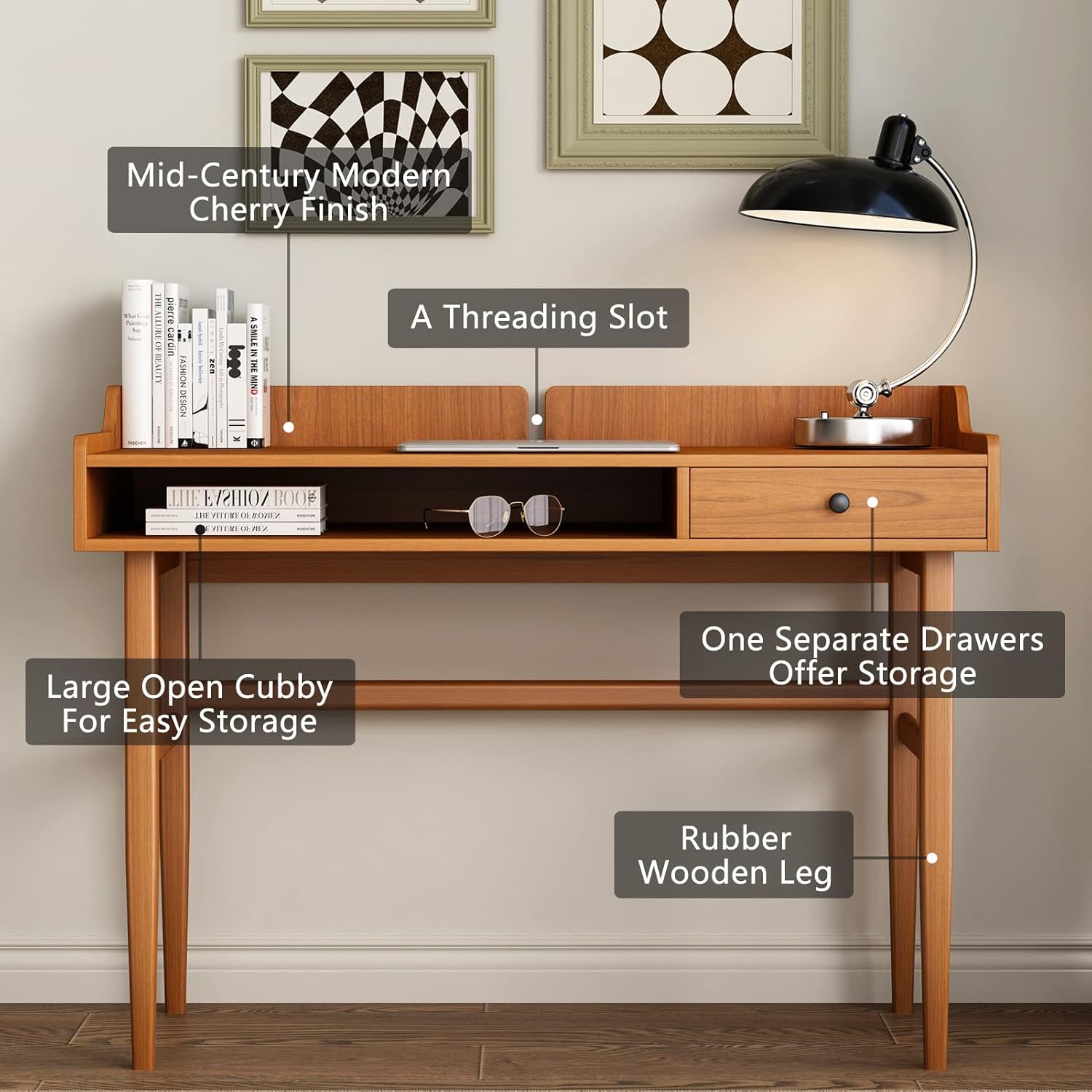 Vintage-Style Desk with Scandinavian Flair, Computer or Laptop Desk, Writing Desk with Drawer and Open Storage Cubby, Small Space Dressing Table