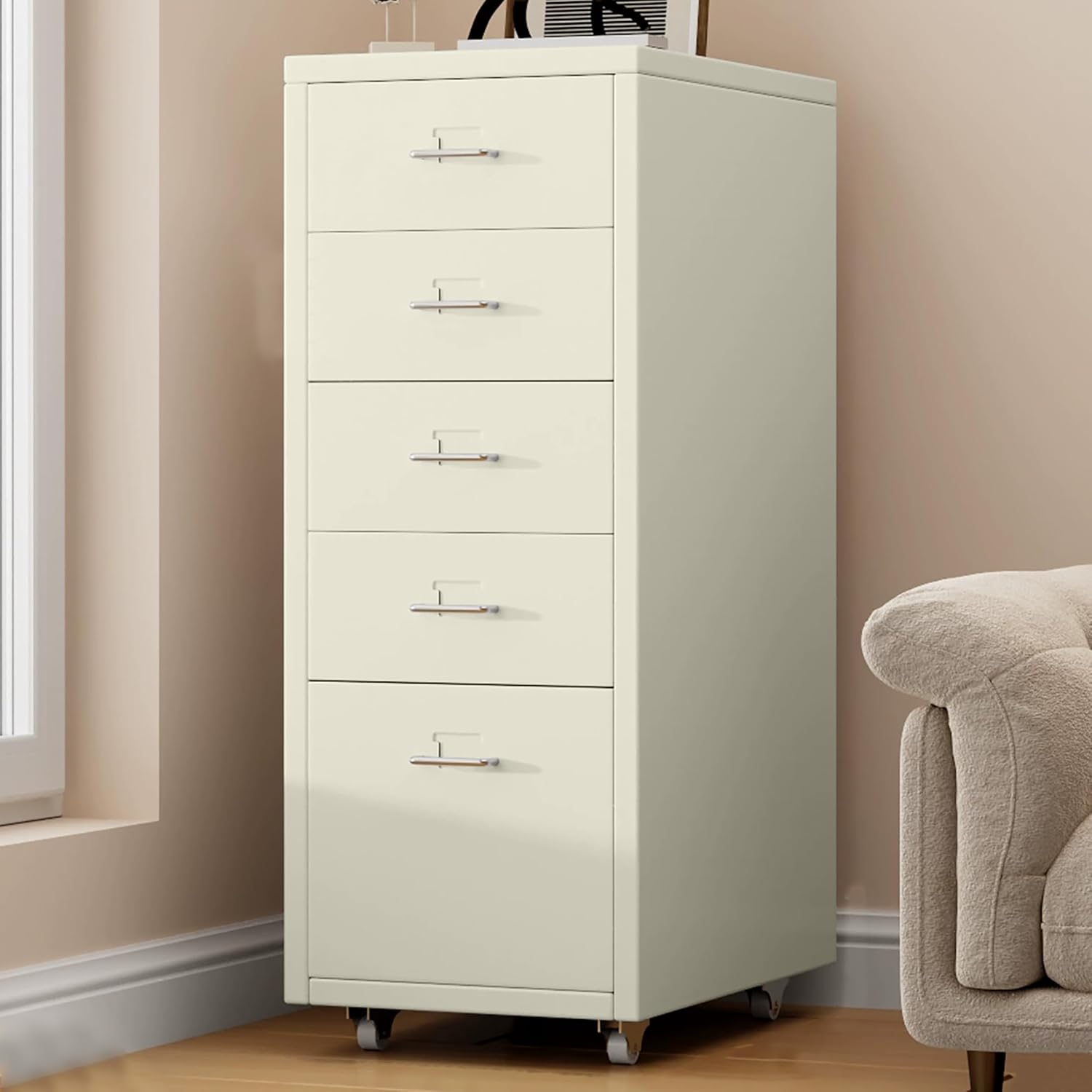 5 Drawer Metal File Cabinet, Under Desk Storage Organization with Wheels, Mobile Room Organization Furniture, Printer Stand for Home Office, Green