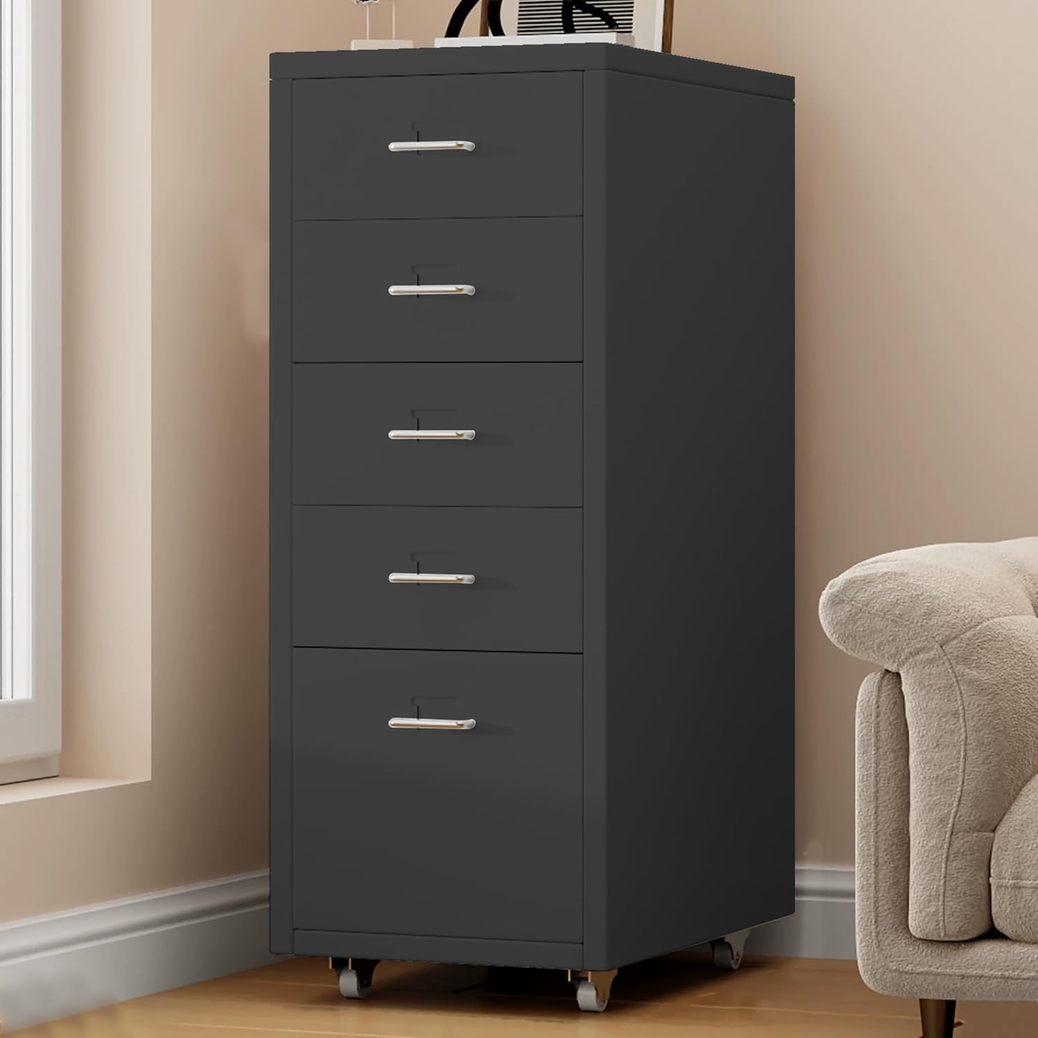 5 Drawer Metal File Cabinet, Under Desk Storage Organization with Wheels, Mobile Room Organization Furniture, Printer Stand for Home Office, Green