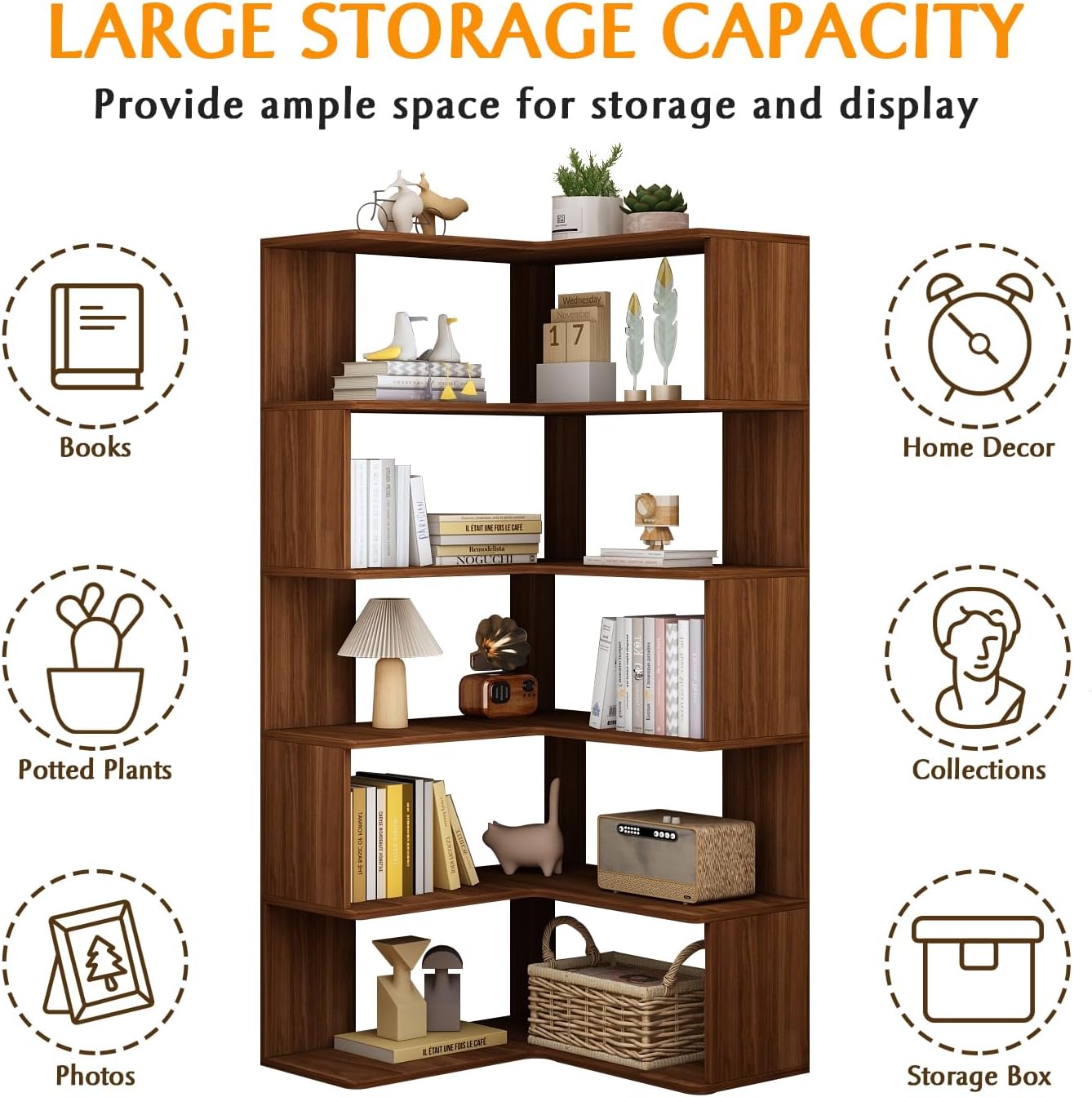 IOTXY 6-Tier L-Shaped Corner Bookshelf - 66" Tall Wooden Freestanding Bookcase with Open Shelf Units, Walnut