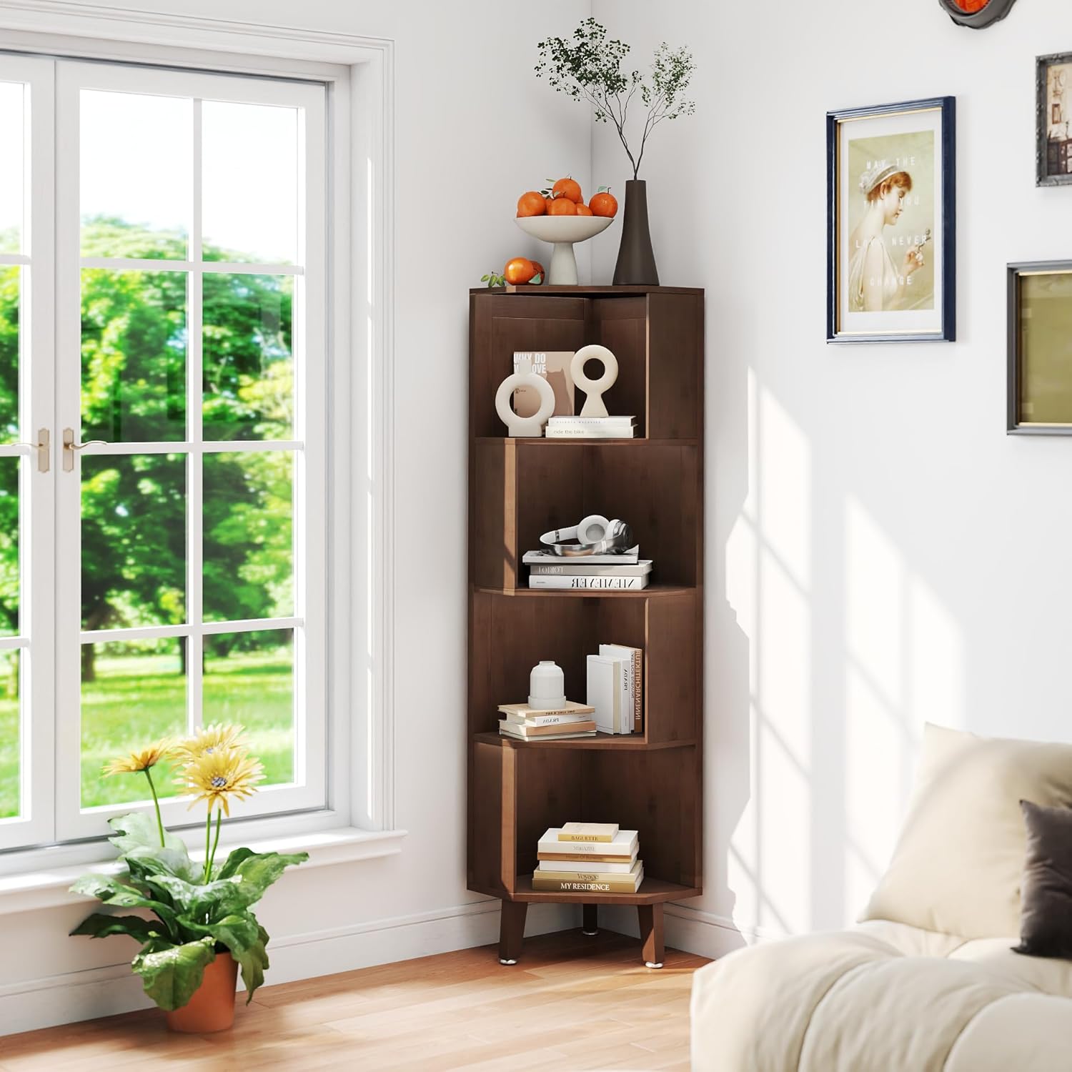 5-Tier Corner Bookshelf Bamboo Bookcase 71.5″ Corner Storage Shelves for Living Room,Bedroom,Kitchen, Study,Home Office
