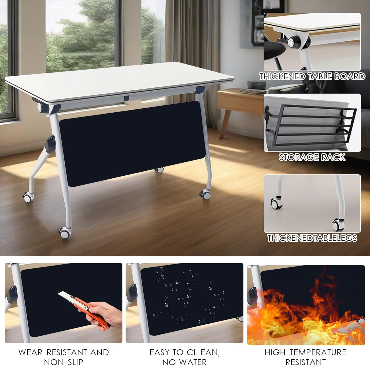 47.2" Conference Room Table,Office Conference Table with Locking Wheels, Folding Flip-Top Mobile Table for Training Rooms,White