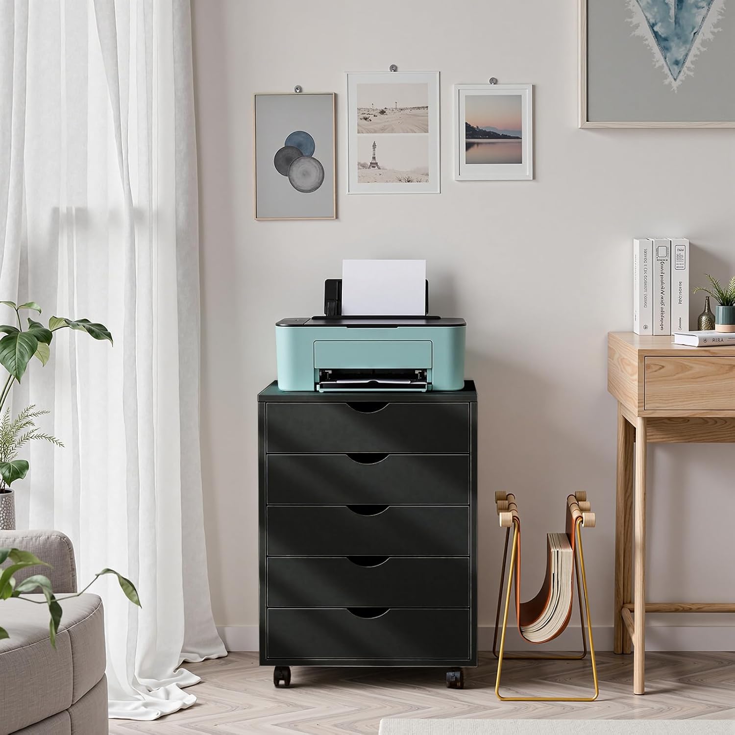 OLIXIS 5 Drawer Mobile File Cabinet Under Desk Storage Organization with Wheels Vertical Filing Chest Rolling Wood Small Desk Printer Stand for Home Office, 15.75"D x 18.74"W x 25.39"H, Black