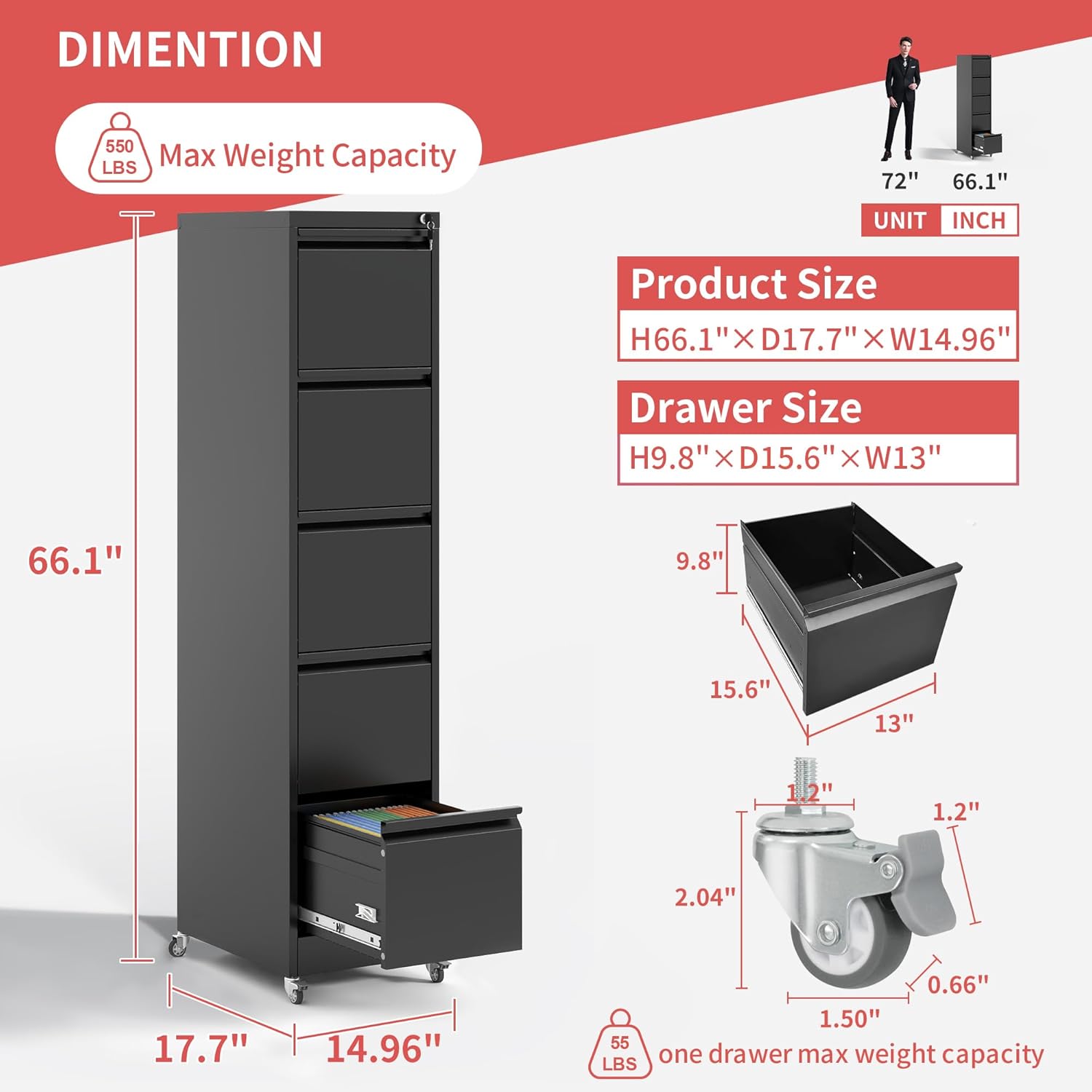 5 Drawer File Cabinet with Wheels,Metal Mobile Filing Cabinets with Lock,Black Rolling File Cabinet for Home Office,Heavy Duty Storage Cabinet for A4/Letter/Legal Size File,Assembly Required