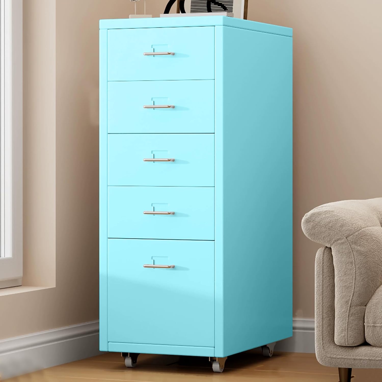 5 Drawer Metal File Cabinet, Under Desk Storage Organization with Wheels, Mobile Room Organization Furniture, Printer Stand for Home Office, Green