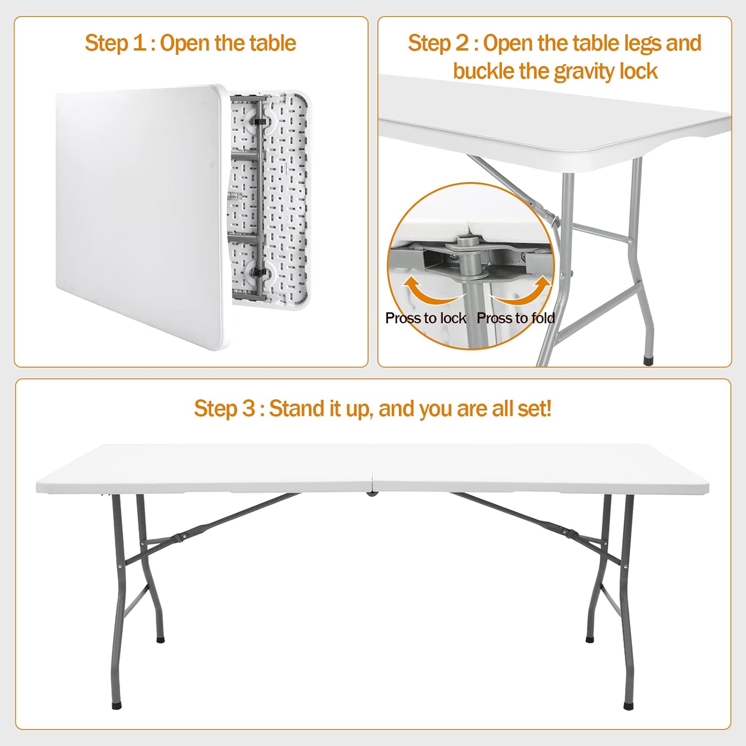 Folding Table 6ft Plastic Table Indoor & Outdoor for Picnic, Camping,BBQ and Party, with Powder Coated Steel Legs and Built in Carry Handle, White