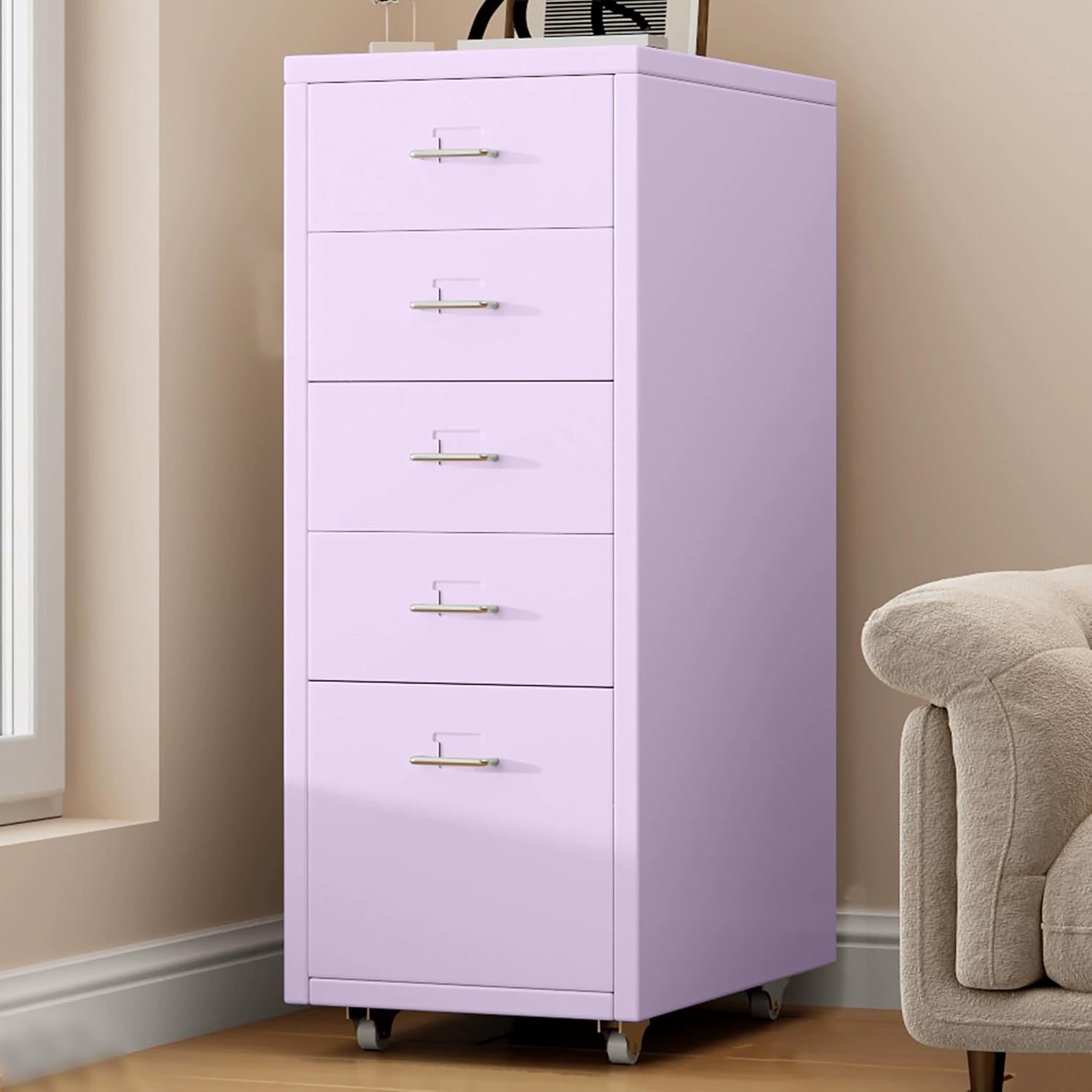 5 Drawer Metal File Cabinet, Under Desk Storage Organization with Wheels, Mobile Room Organization Furniture, Printer Stand for Home Office, Green