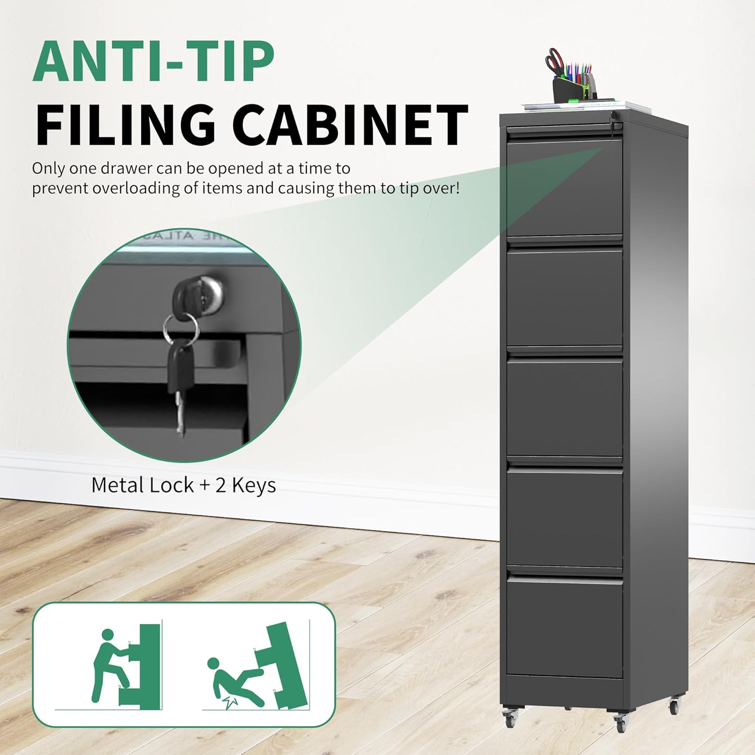 5 Drawer Mobile File Cabinet, Under Desk File Cabinet,Metal Filing Cabinets with Lock for Home Office Organizer Letter/Legal/A4,Require Assembly (Black)