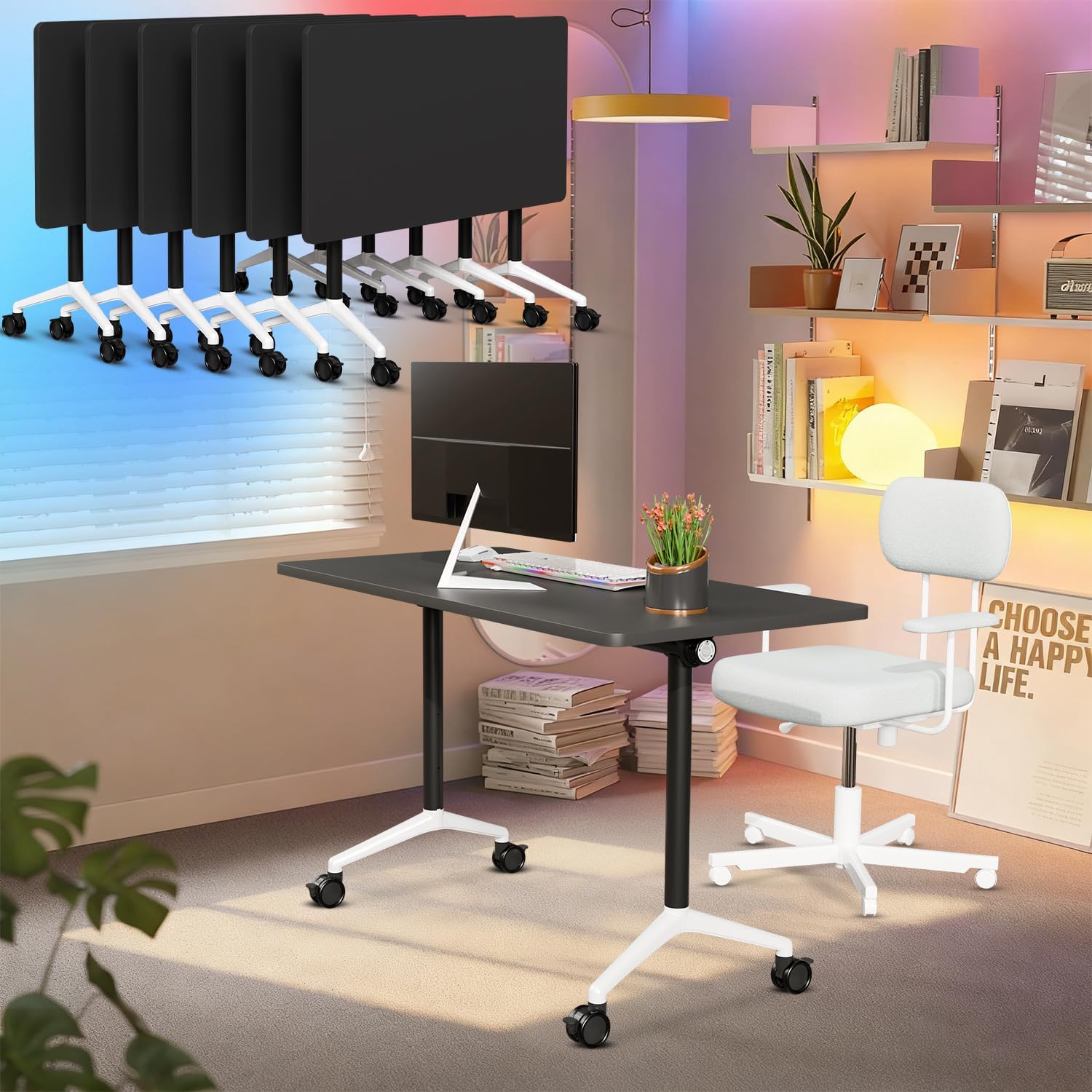 Black Folding Conference Tables with Silent Wheels, 4 Pack Commercial Office Meeting & Training Seminar Tables, Mobile Modular Conference Room Table with Strong Metal Frame for Company, School
