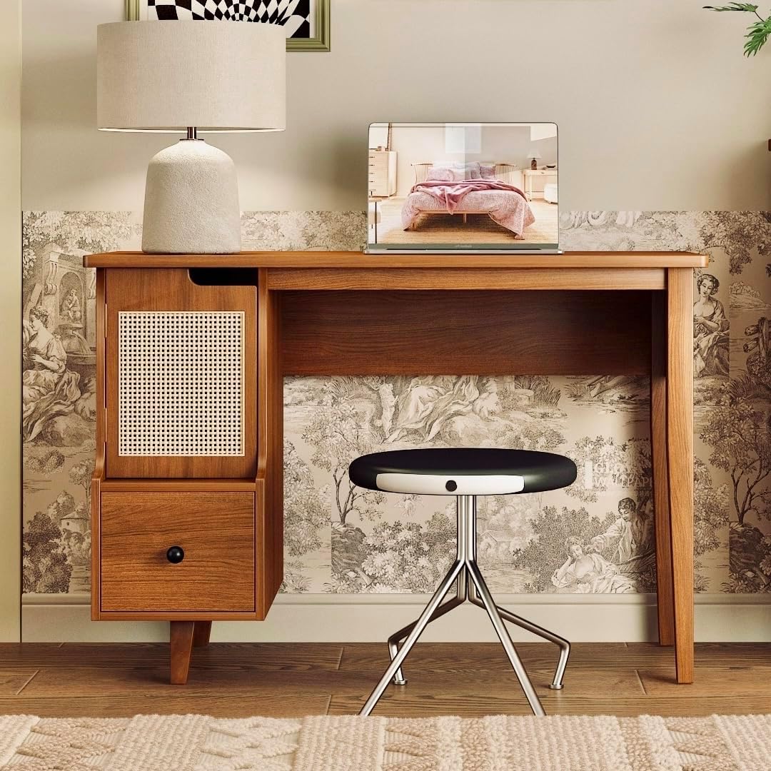 Vintage-Style Desk with Scandinavian Flair, Computer or Laptop Desk, Writing Desk with Drawer and Open Storage Cubby, Small Space Dressing Table
