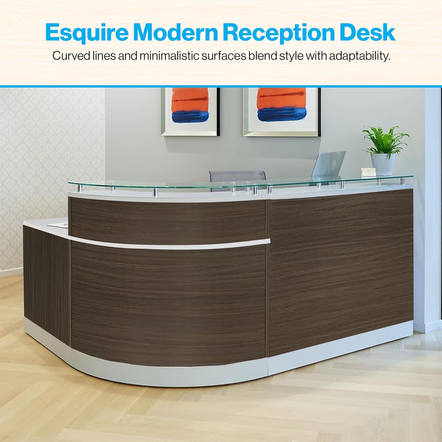 NBF L Shaped Modern Reception Desk with Counter - 79" W x 63" D Retail Checkout Counter - Curved Front Desk Reception Counter - Countertop Welcome Desk for Office Lobby Salon Store (Driftwood)