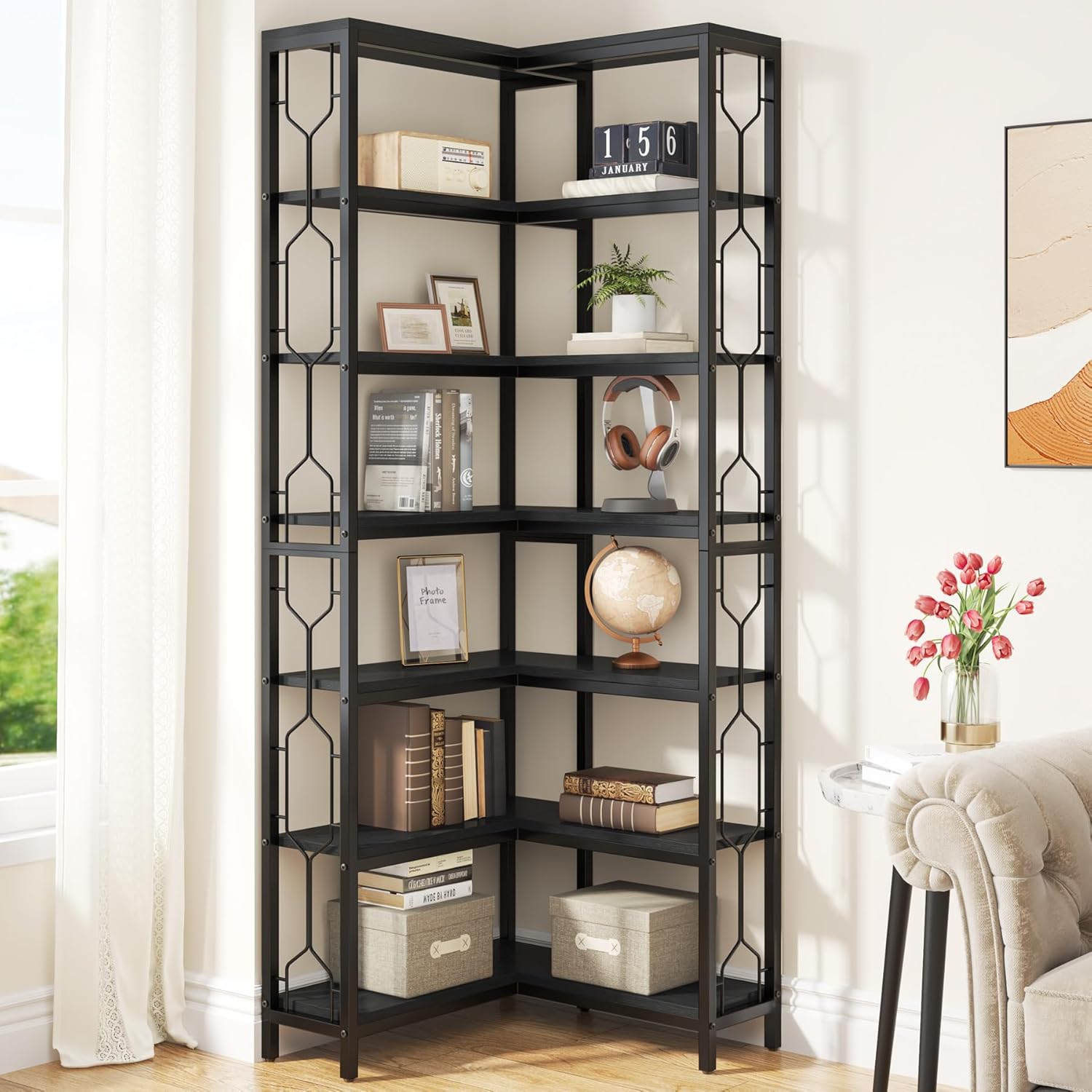 Tribesigns Corner Shelf, 7-Tier Industrial Corner Bookshelf, Wood and Metal Etagere Bookcase, Freestanding Display Shelf for Living Room, Kitchen, Home Office, Rustic Brown