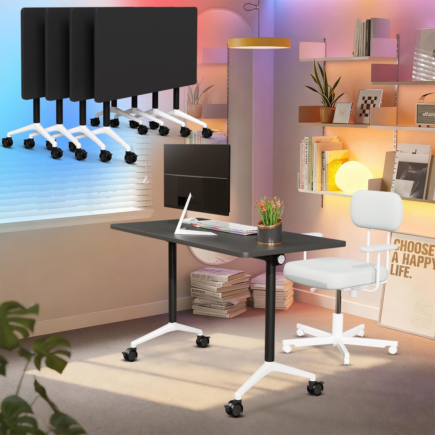 Black Folding Conference Tables with Silent Wheels, 4 Pack Commercial Office Meeting & Training Seminar Tables, Mobile Modular Conference Room Table with Strong Metal Frame for Company, School