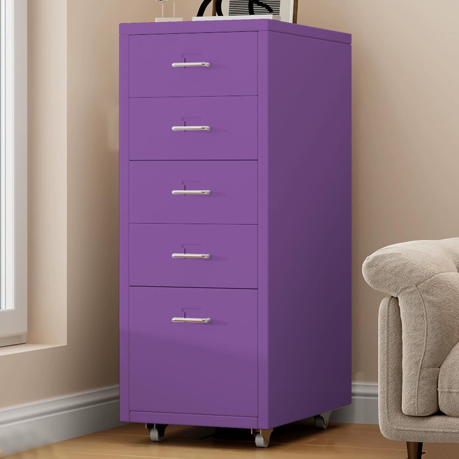 5 Drawer Metal File Cabinet, Under Desk Storage Organization with Wheels, Mobile Room Organization Furniture, Printer Stand for Home Office, Green