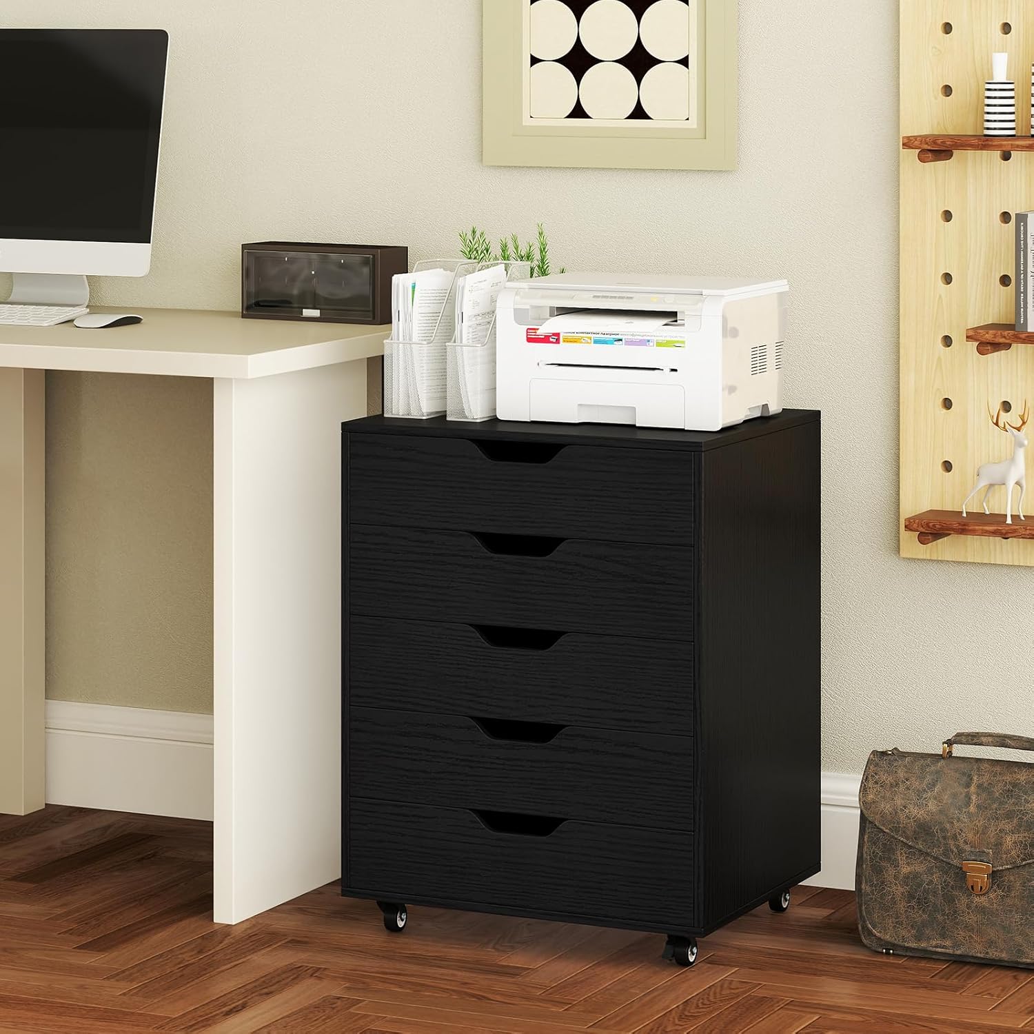 LOKO 5-Drawer Storage Cabinet, Versatile Drawer of Chest with Lockable Wheels, Mobile Office Lateral File Cabinet, for Home Office, Study (Black, 16" D x 19.5" W x 25.5" H)