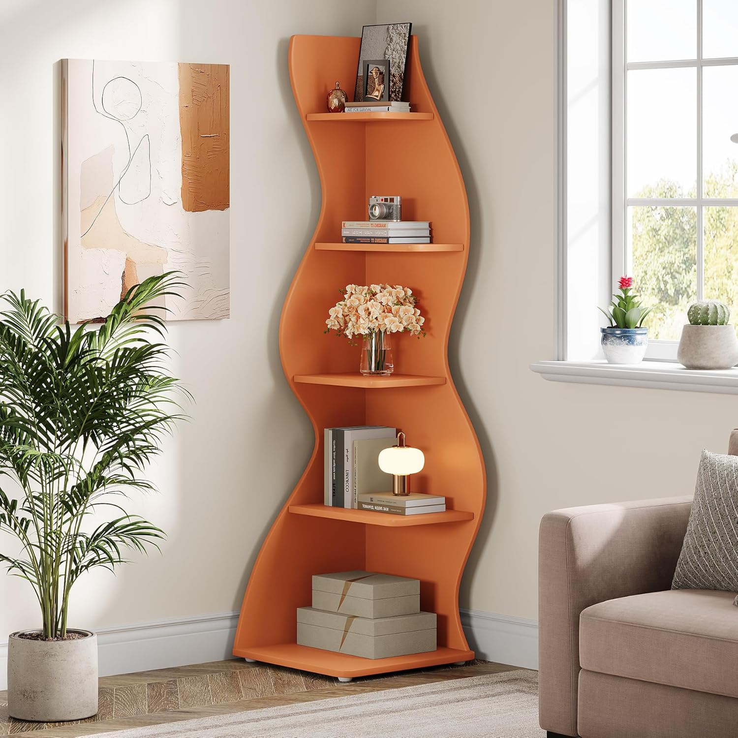 Tribesigns Wavy Corner Shelf, Modern 5-Tier Bookshelf Bookcase with Curvy Shape, Unique Plant Stand Display Rack for Living Room Small Space (Green)