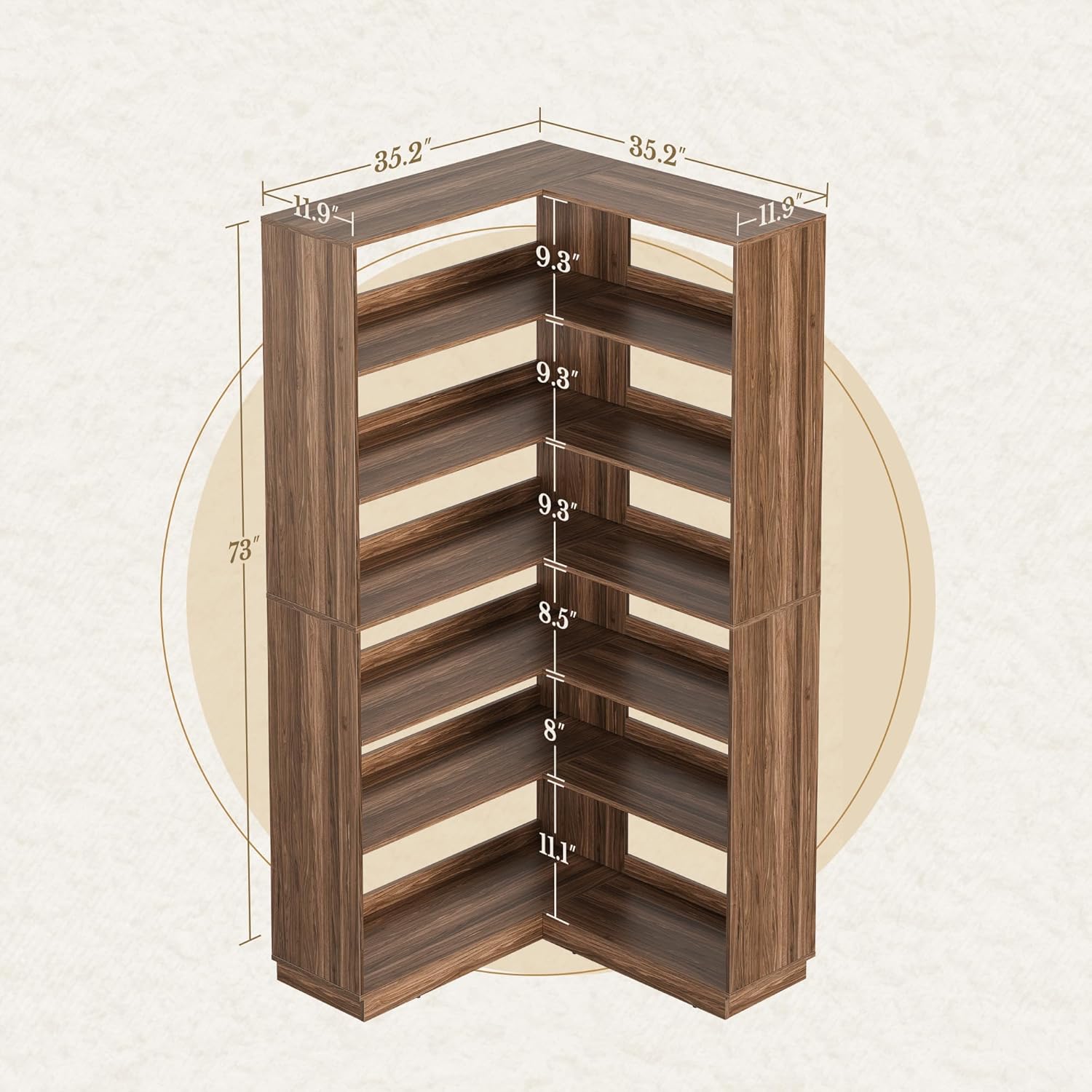 Corner Bookshelf, 6 Tier 73 Inch Corner Bookcase with Baffles, Wooden Tall Book Shelf Storage Shelves for Home Office Living Room, Black Walnut