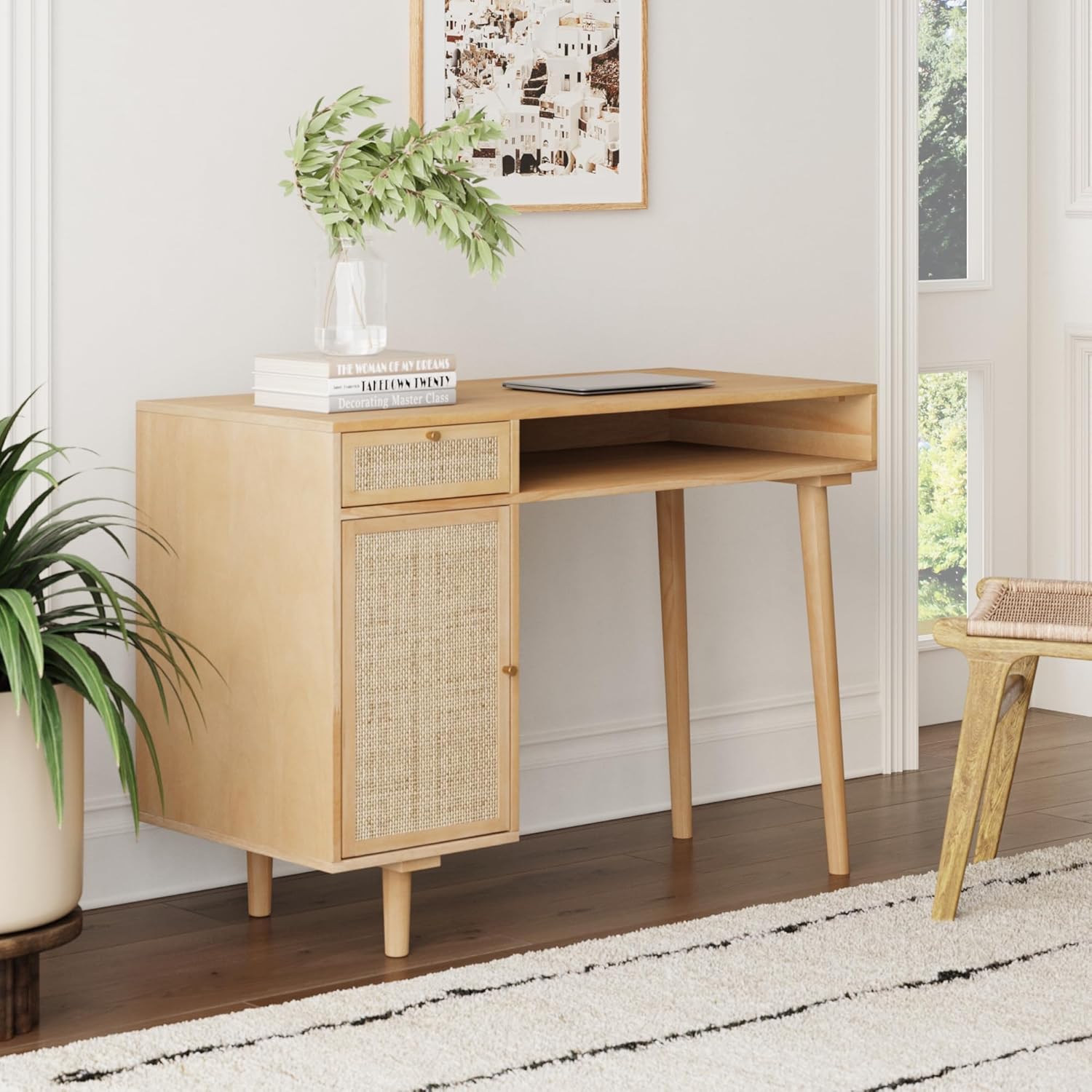 Nathan James Parker Modern Home Office Writing, Computer or Laptop Desk with Open Storage Cubby and Small Drawer, Walnut