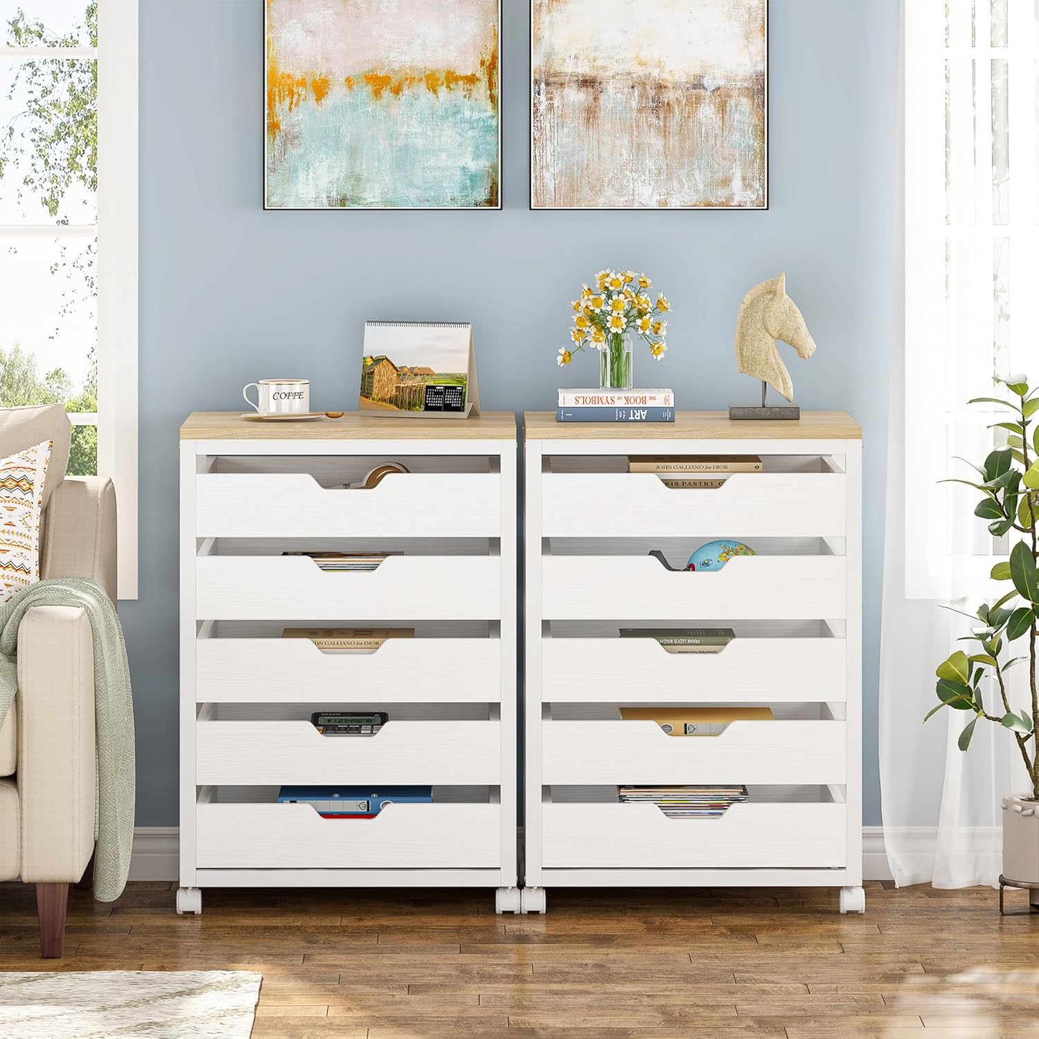 Tribesigns 5-Drawer File Cabinet, Wood Mobile Storage Drawer Unit, Modern Office Cabinet with Drawers & Wheels, Rolling Printer Stand for Home Office (White)