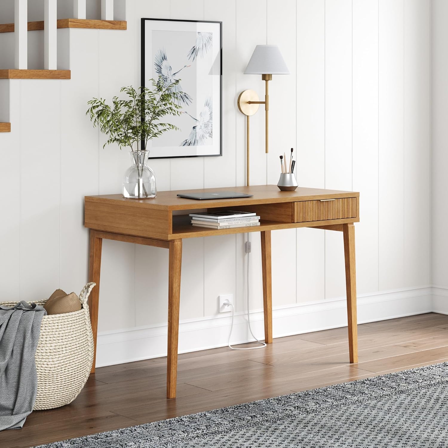 Nathan James Parker Modern Home Office Writing, Computer or Laptop Desk with Open Storage Cubby and Small Drawer, Walnut