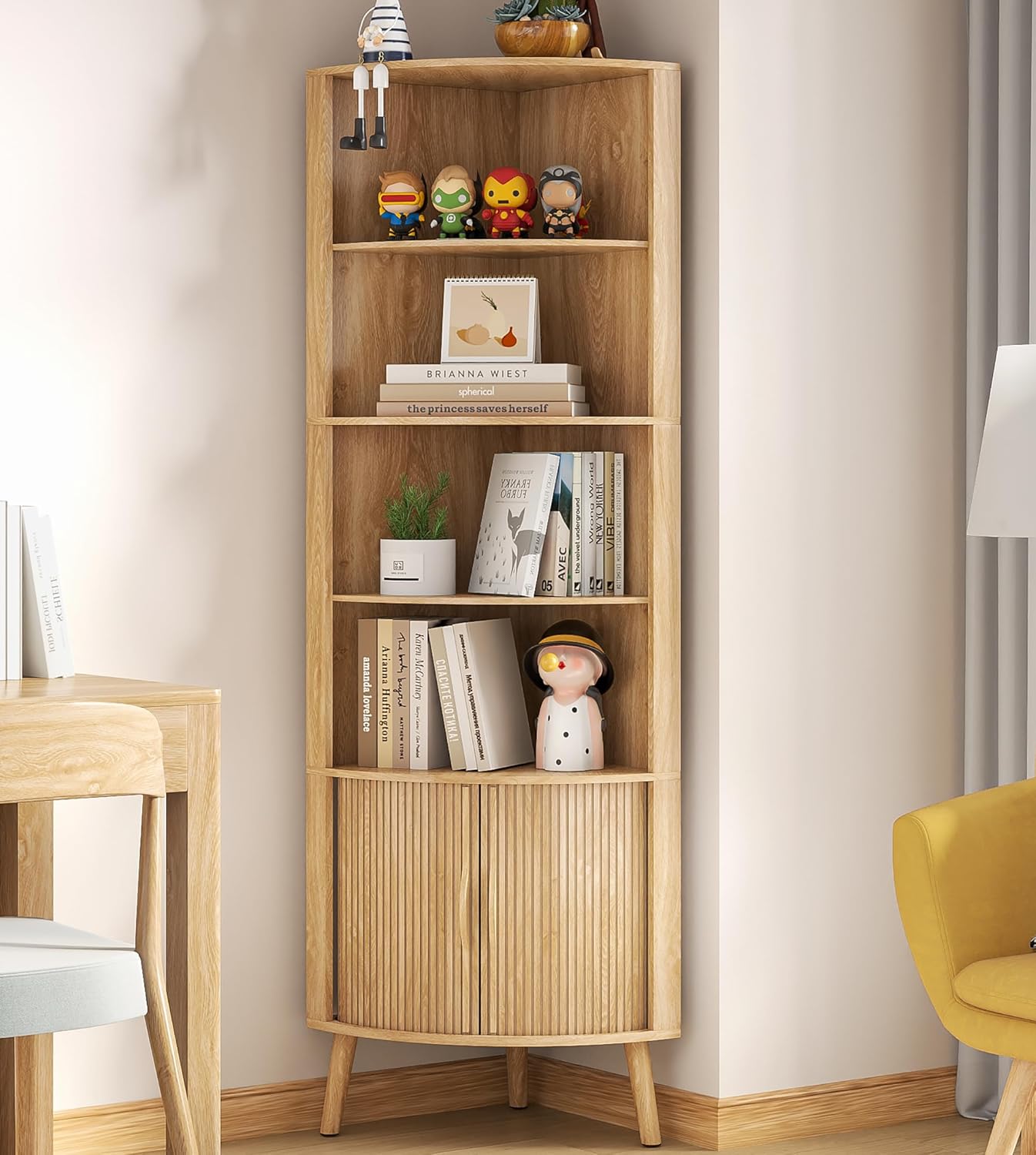 5-Tier Corner Shelf, 66.73''Tall Modern Corner Bookshelf, 5 Shelf Bookcase with 2 Fluted Doors, Freestanding Wood Corner Display Storage Shelf Organizer for Living Room, Office (Walnut)