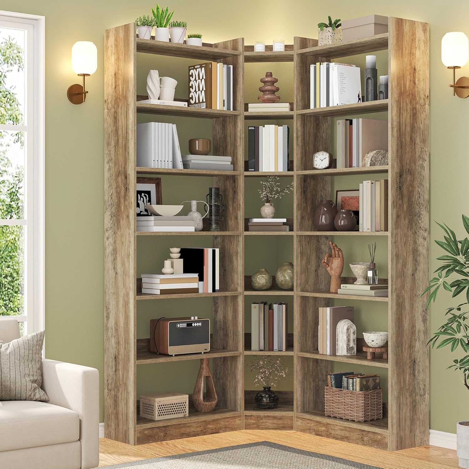 Semoic 70.8" Tall Corner Bookshelf, 7 Tiers Large Etagere Bookcases with Baffles, L-Shaped Modern Storage Display Rack Industrial Bookshelves for Bedroom, Home Office, Living Room & Kitchen, Black