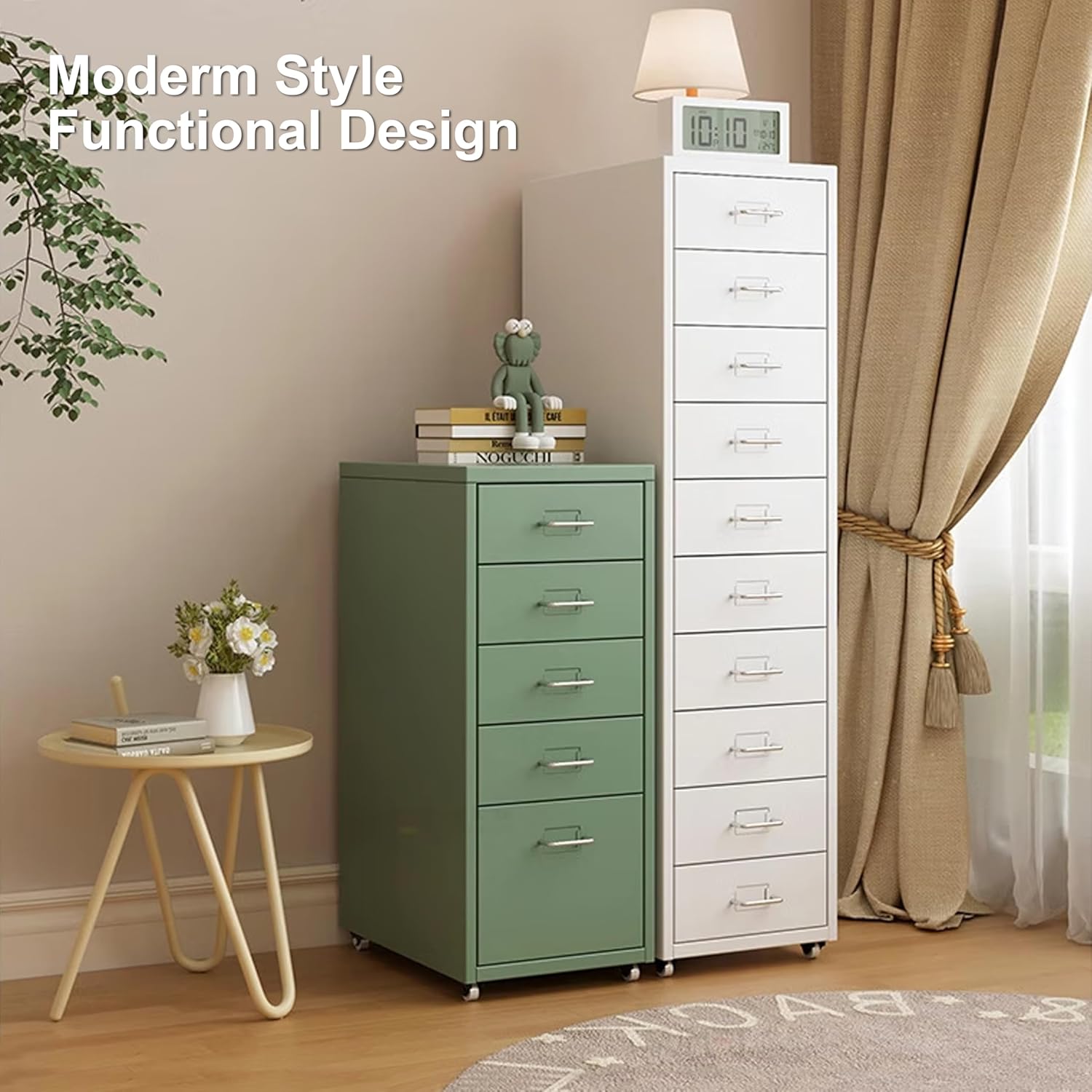 5 Drawer Metal File Cabinet, Under Desk Storage Organization with Wheels, Mobile Room Organization Furniture, Printer Stand for Home Office, Green