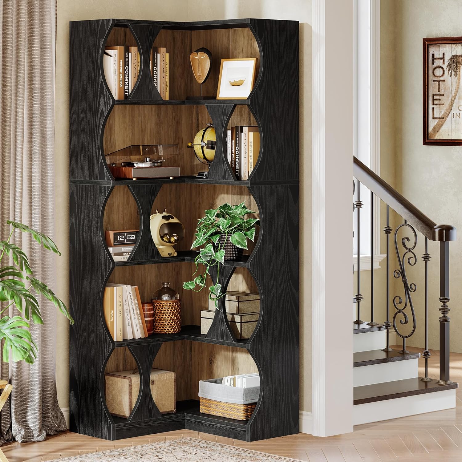 Tribesigns Corner Bookshelf, 71" Tall Corner Bookcase, 5-Tier Black L-Shaped Bookshelves Display Etagere Shelf for Home Office, Living Room, Bedroom