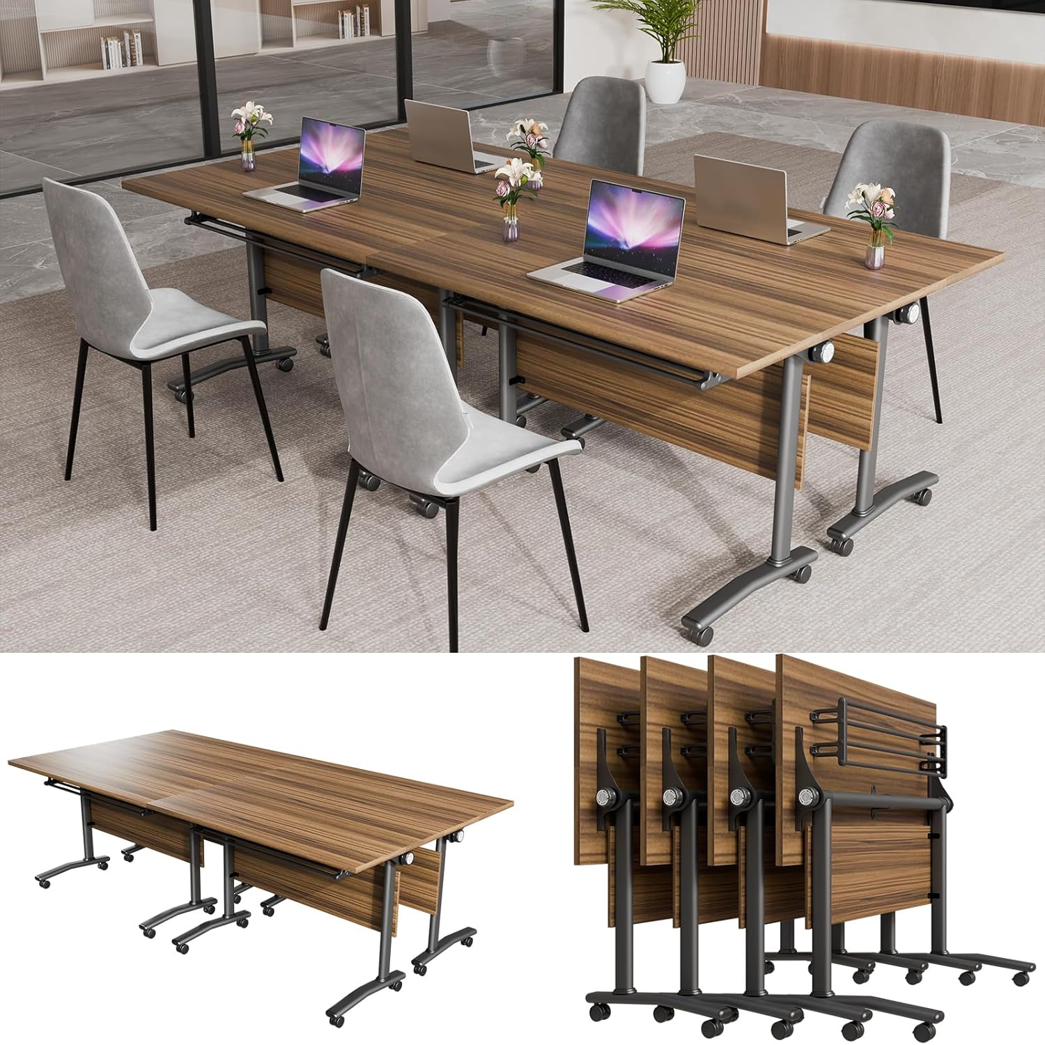 Conference Table, Modern Folding Meeting Tables with Flip Top, Mobile Podcast Table with Four Locking Wheels, Large Training Table for Meeting Room, Office, Classroom (4, A, 55.1in)