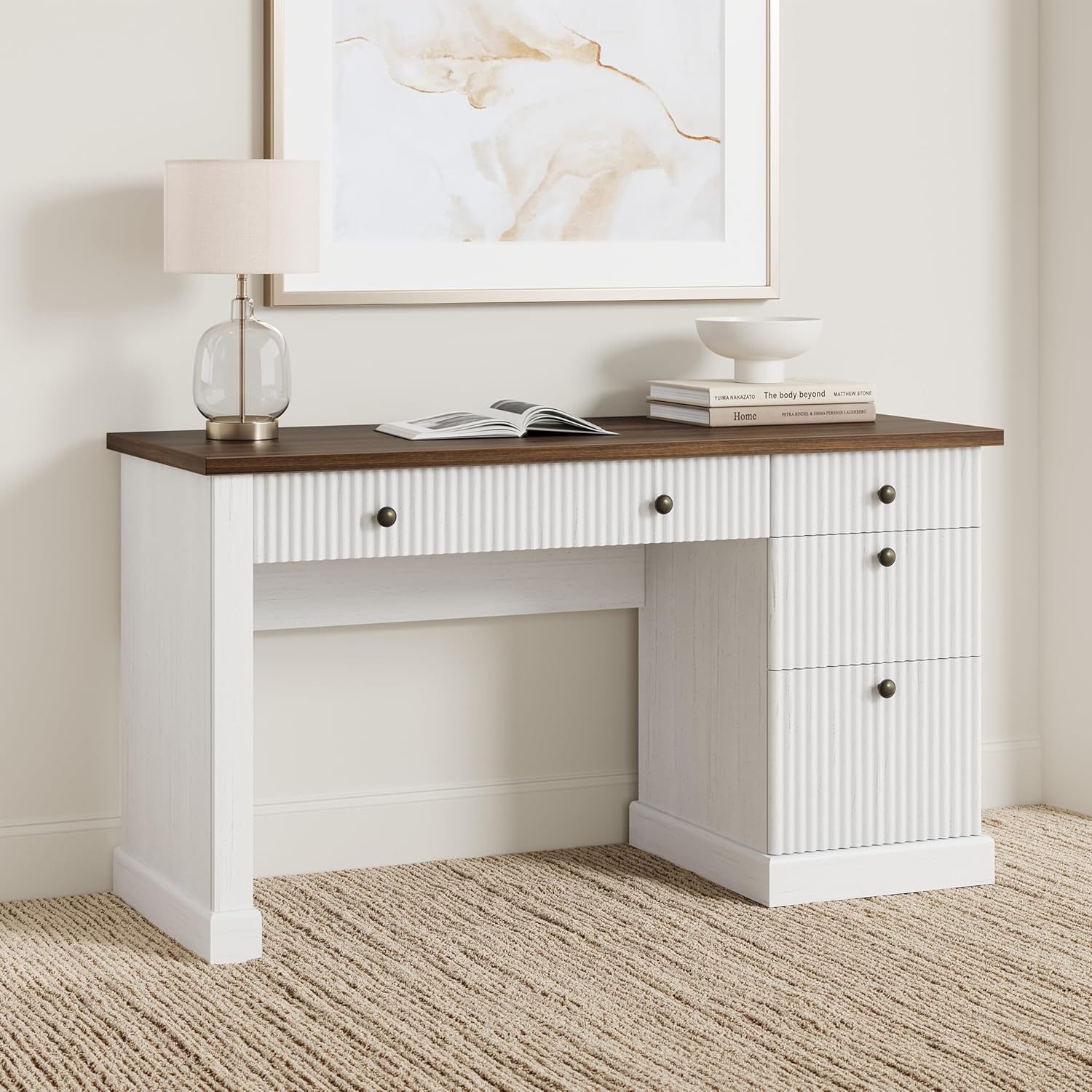 Garvee Fluted Home Office Desk Storage, 54" Modern Executive Desk with Charging Station, Wooden Computer Writing Desk with File Drawers for Study Room (Burlywood, 54.0”L x 21.6 "D x 30.0" H)