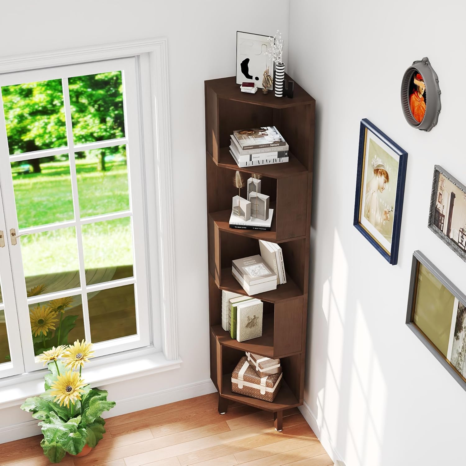 5-Tier Corner Bookshelf Bamboo Bookcase 71.5″ Corner Storage Shelves for Living Room,Bedroom,Kitchen, Study,Home Office