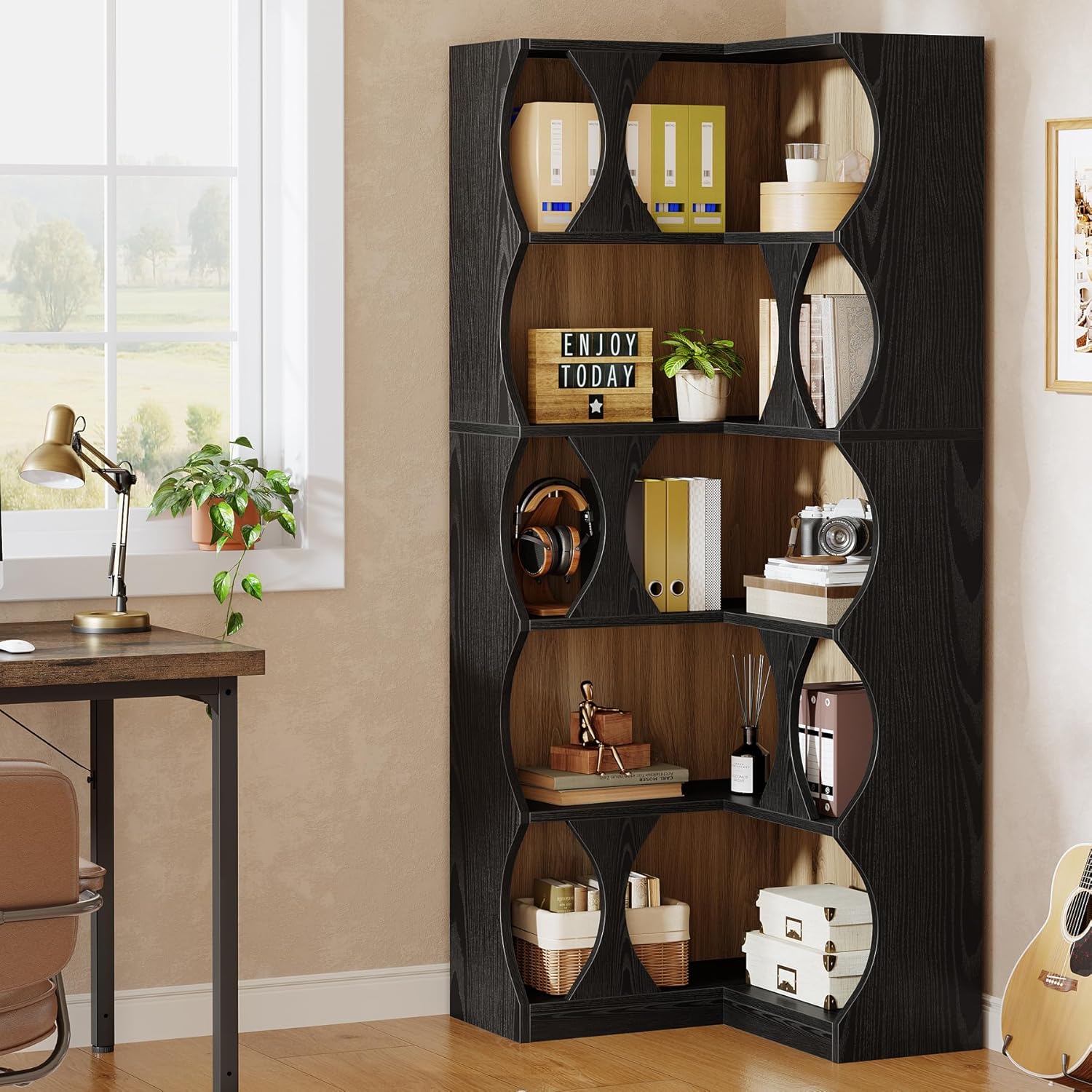 Tribesigns Corner Bookshelf, 71" Tall Corner Bookcase, 5-Tier Black L-Shaped Bookshelves Display Etagere Shelf for Home Office, Living Room, Bedroom