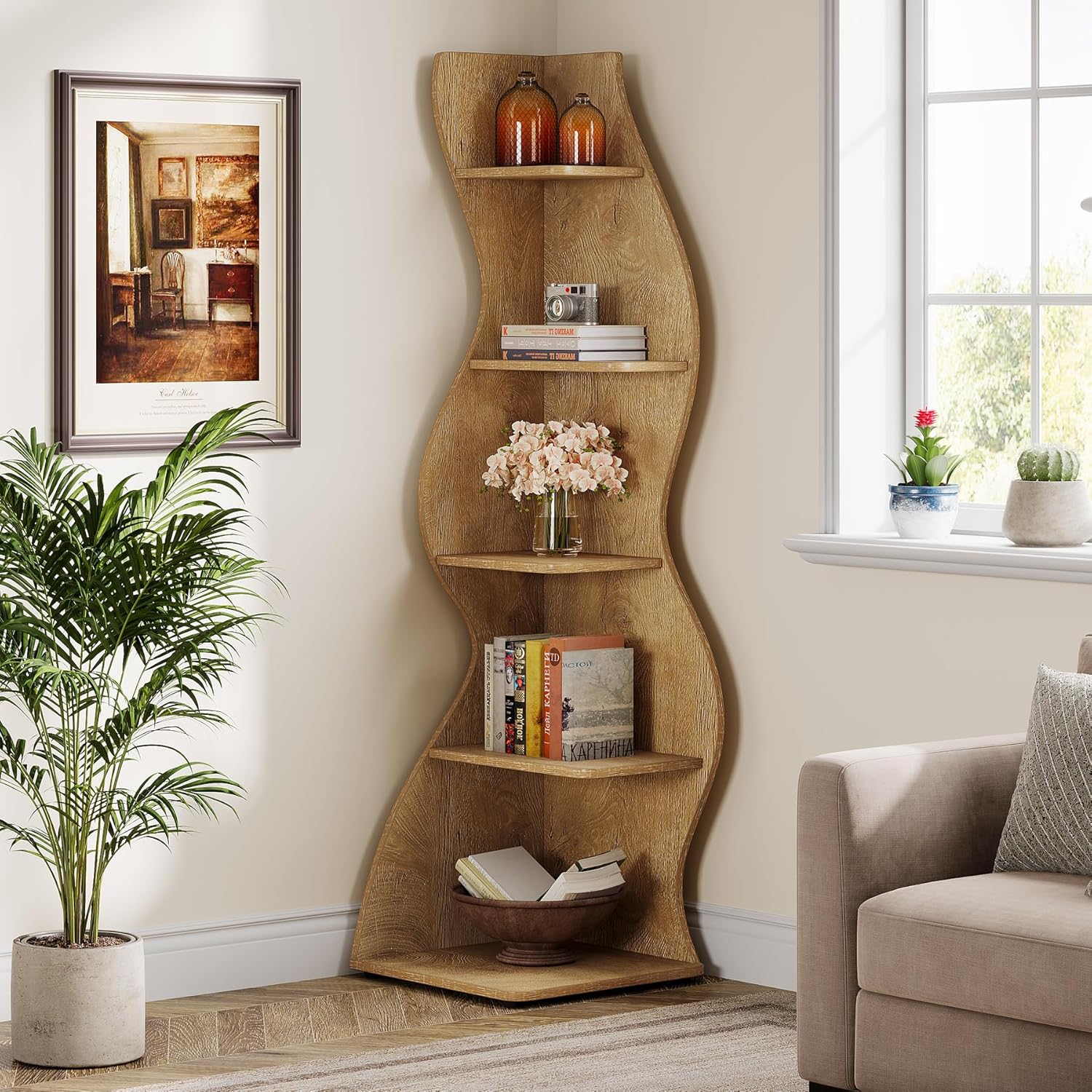 Tribesigns Wavy Corner Shelf, Modern 5-Tier Bookshelf Bookcase with Curvy Shape, Unique Plant Stand Display Rack for Living Room Small Space (Green)