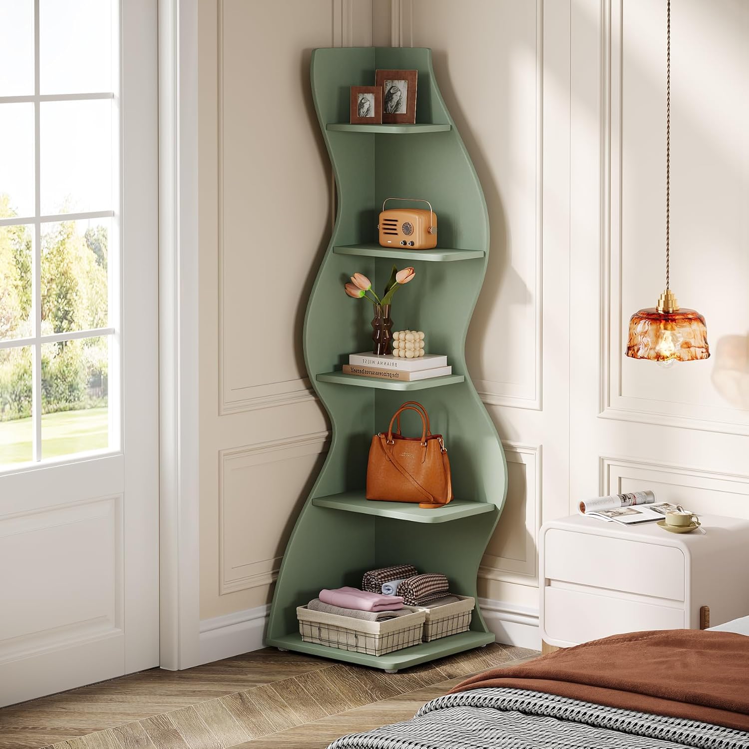 Tribesigns Wavy Corner Shelf, Modern 5-Tier Bookshelf Bookcase with Curvy Shape, Unique Plant Stand Display Rack for Living Room Small Space (Green)