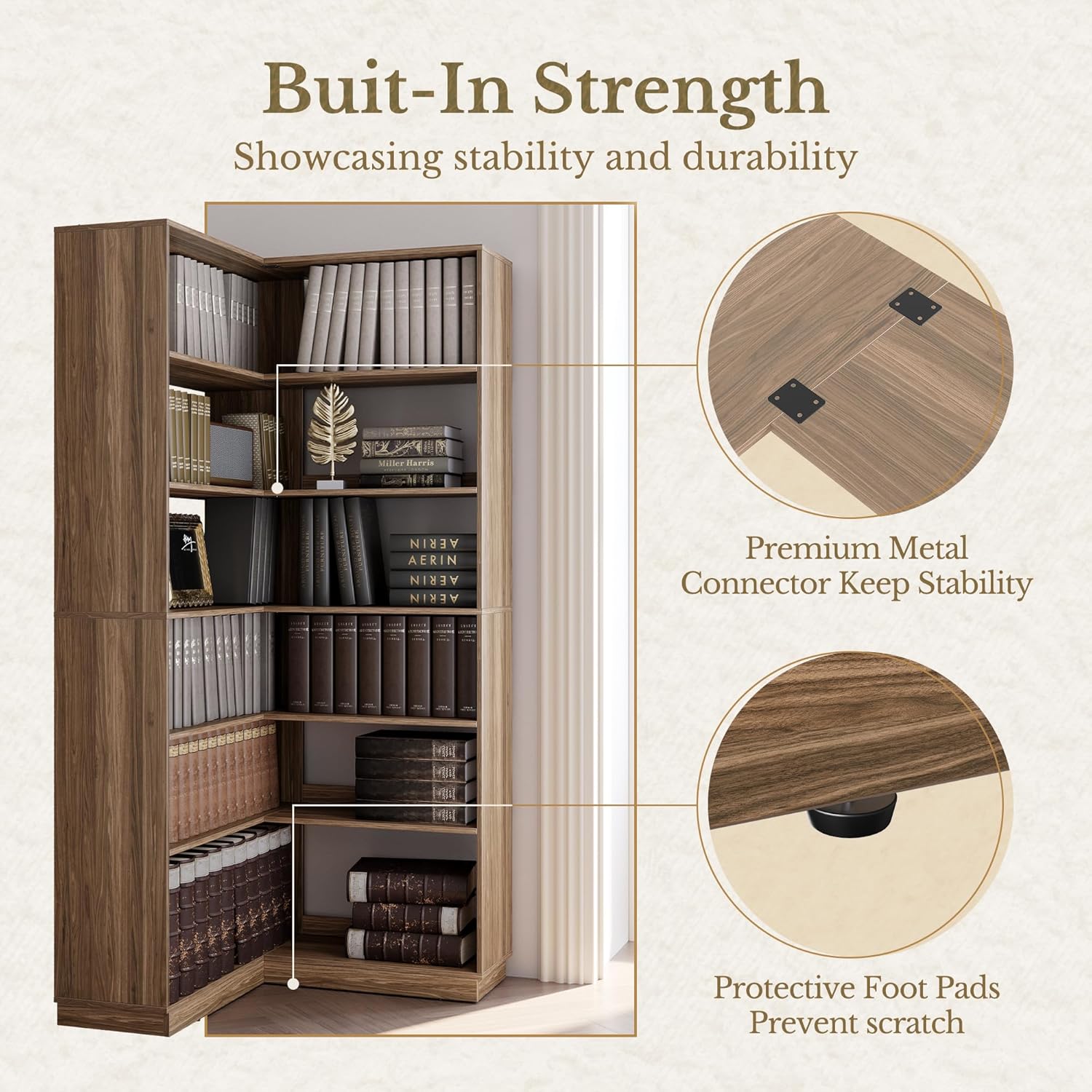Corner Bookshelf, 6 Tier 73 Inch Corner Bookcase with Baffles, Wooden Tall Book Shelf Storage Shelves for Home Office Living Room, Black Walnut