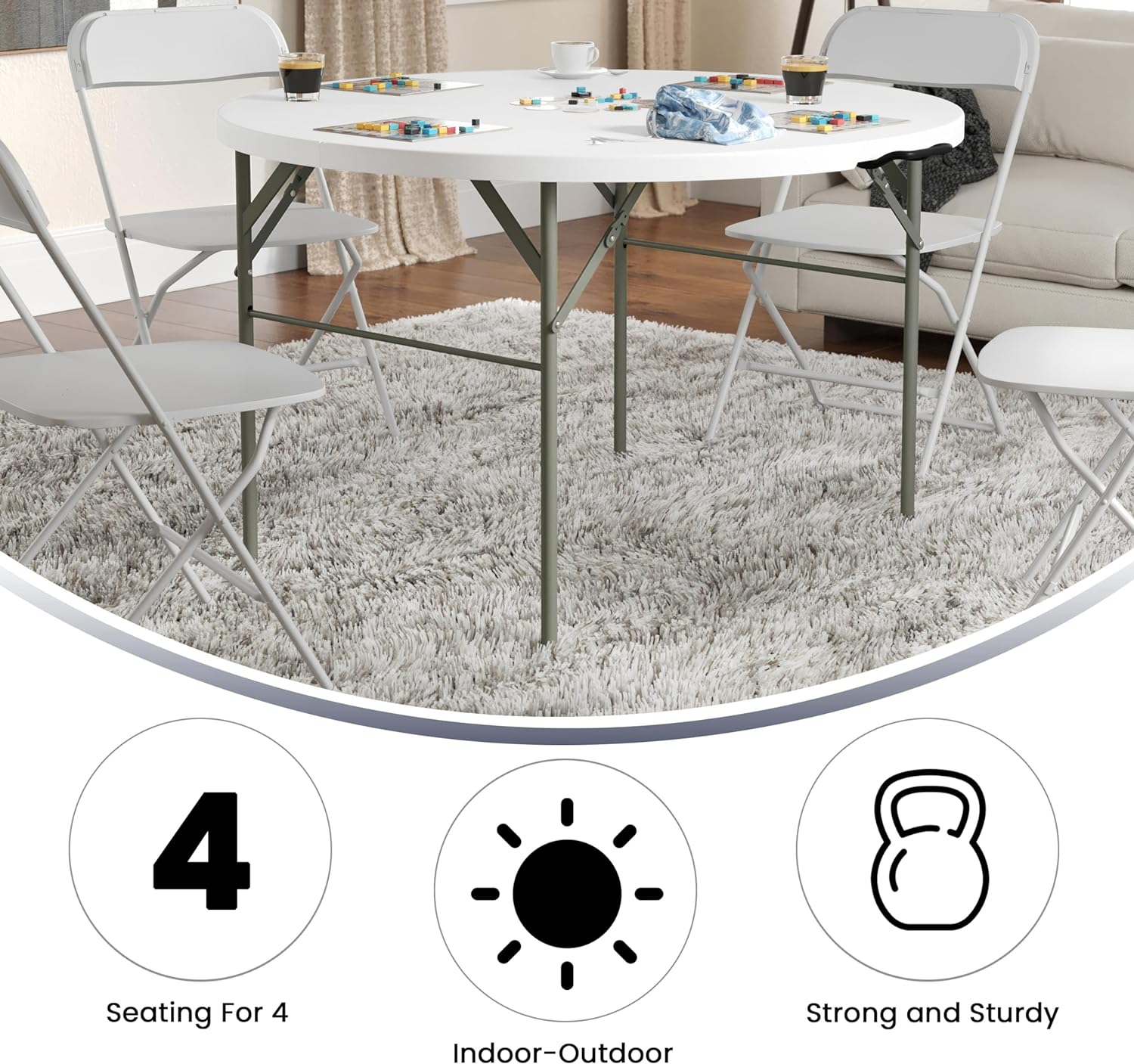 Flash Furniture Freeman 4' Round Plastic Folding Table with Carrying Handle, Plastic Foldable Table for Indoor/Outdoor Events, White