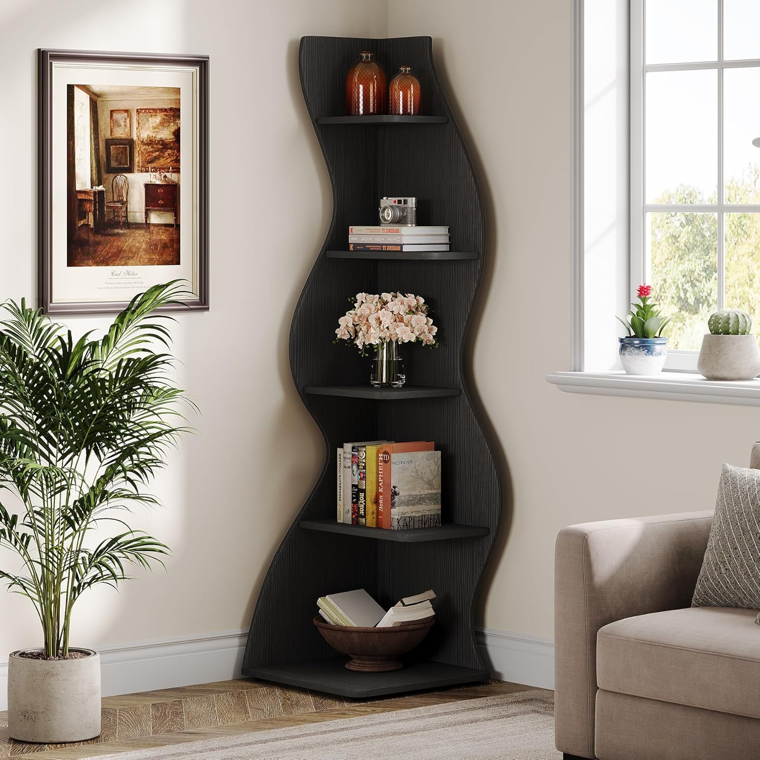 Tribesigns Wavy Corner Shelf, Modern 5-Tier Bookshelf Bookcase with Curvy Shape, Unique Plant Stand Display Rack for Living Room Small Space (Green)
