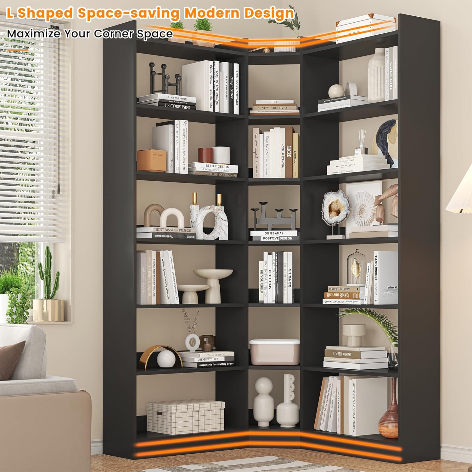 Semoic 70.8" Tall Corner Bookshelf, 7 Tiers Large Etagere Bookcases with Baffles, L-Shaped Modern Storage Display Rack Industrial Bookshelves for Bedroom, Home Office, Living Room & Kitchen, Black