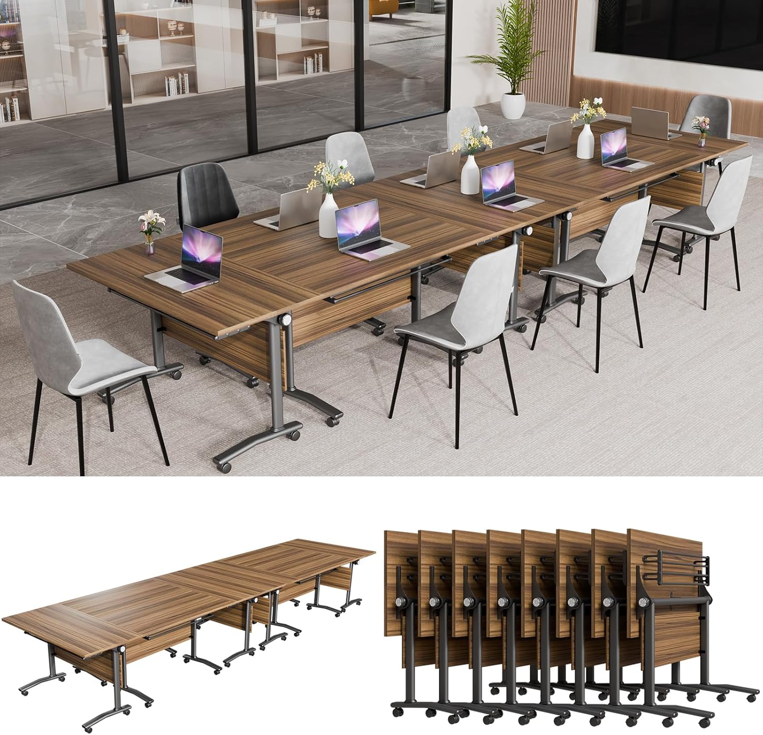 Conference Table, Modern Folding Meeting Tables with Flip Top, Mobile Podcast Table with Four Locking Wheels, Large Training Table for Meeting Room, Office, Classroom (4, A, 55.1in)