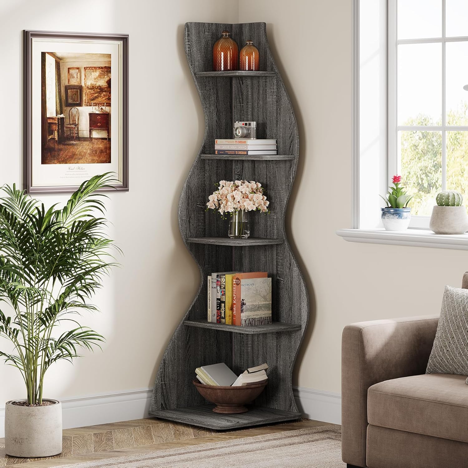 Tribesigns Wavy Corner Shelf, Modern 5-Tier Bookshelf Bookcase with Curvy Shape, Unique Plant Stand Display Rack for Living Room Small Space (Green)