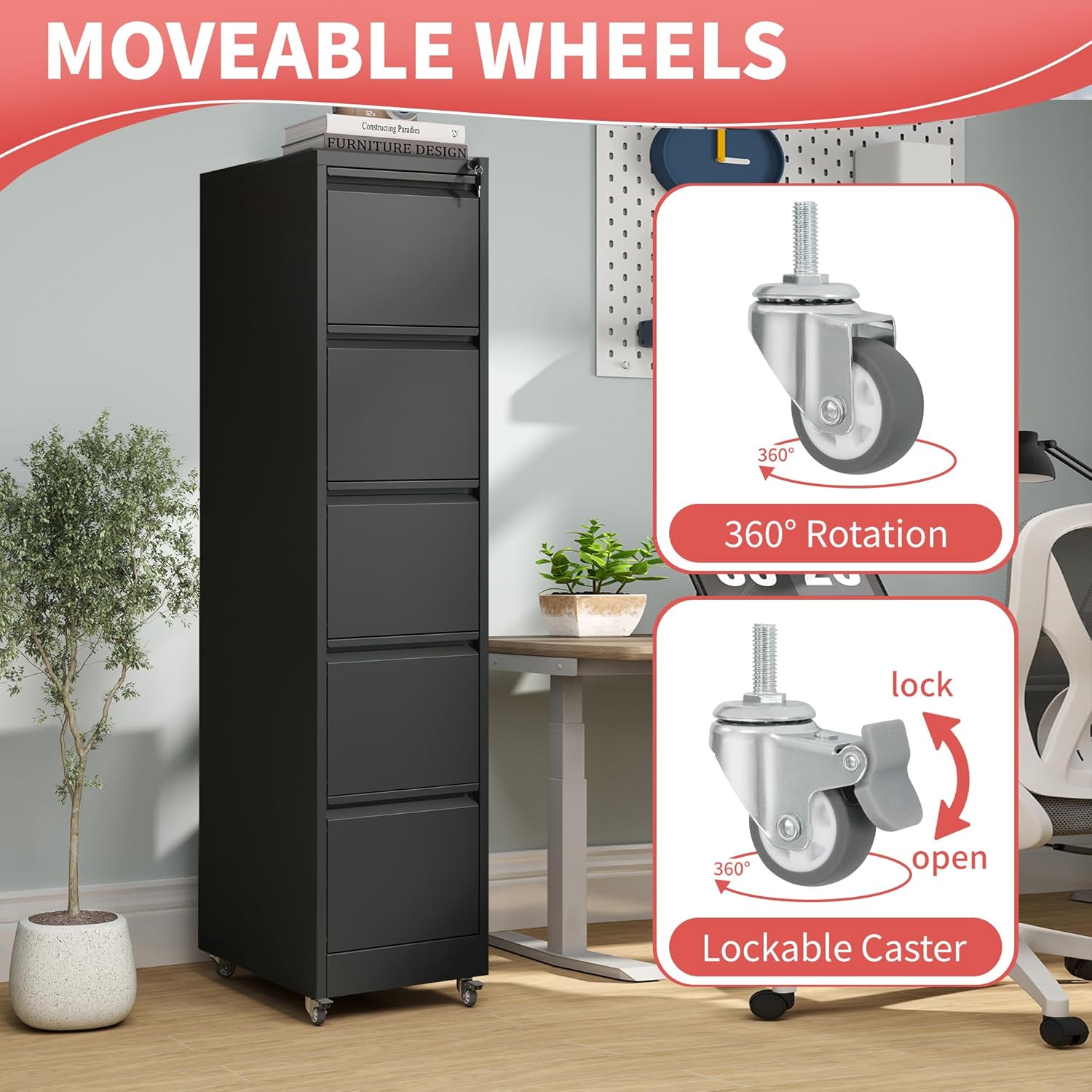 5 Drawer File Cabinet with Wheels,Metal Mobile Filing Cabinets with Lock,Black Rolling File Cabinet for Home Office,Heavy Duty Storage Cabinet for A4/Letter/Legal Size File,Assembly Required