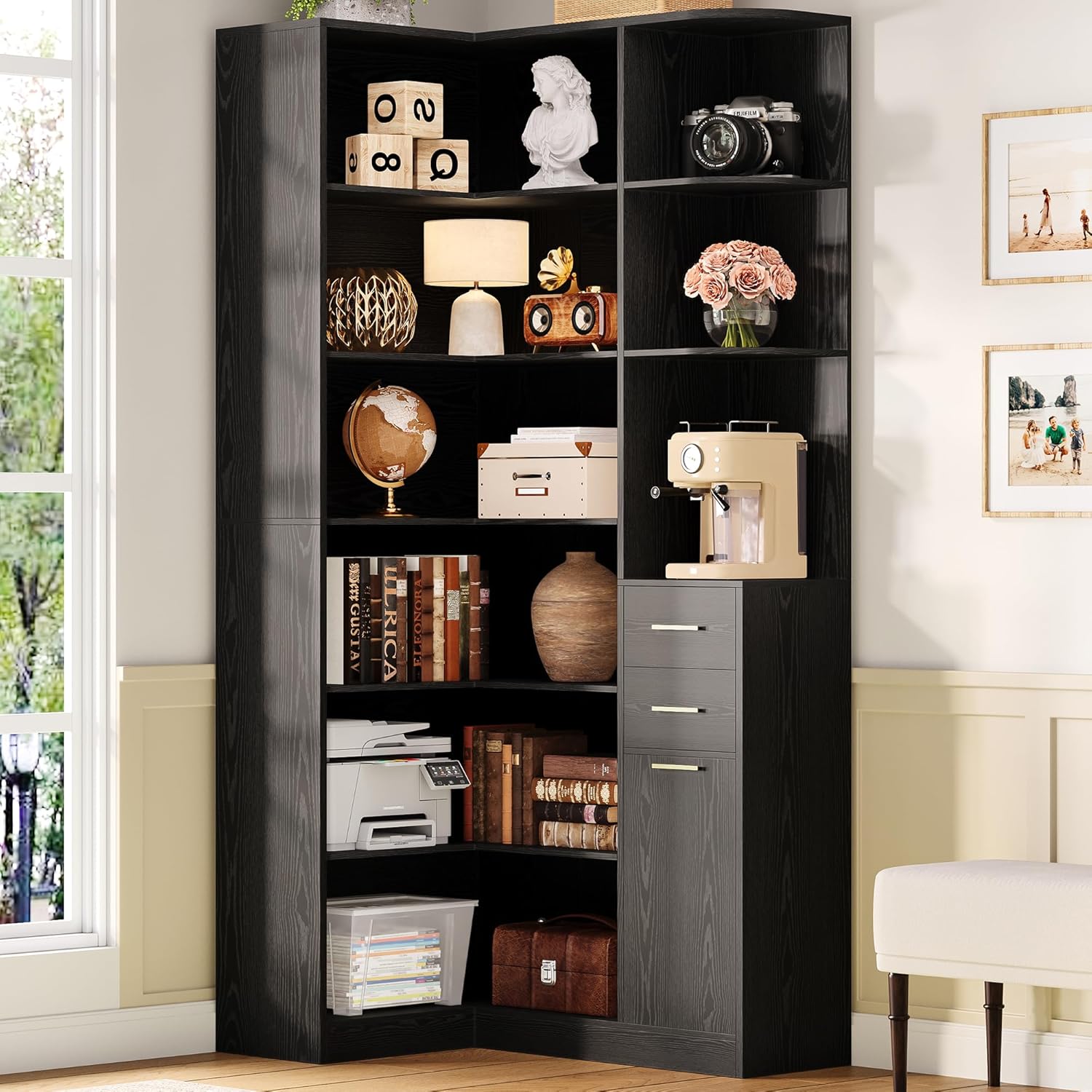 IRONCK Corner Bookshelf, 76" Tall Corner Bookshelves, 6 Tiers L-Shaped Bookcase with 10 Open Shelves and 2 Storage Drawers for Living Room or Home Office
