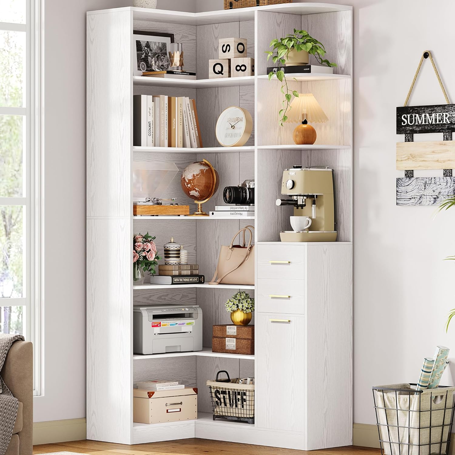 IRONCK Corner Bookshelf, 76" Tall Corner Bookshelves, 6 Tiers L-Shaped Bookcase with 10 Open Shelves and 2 Storage Drawers for Living Room or Home Office