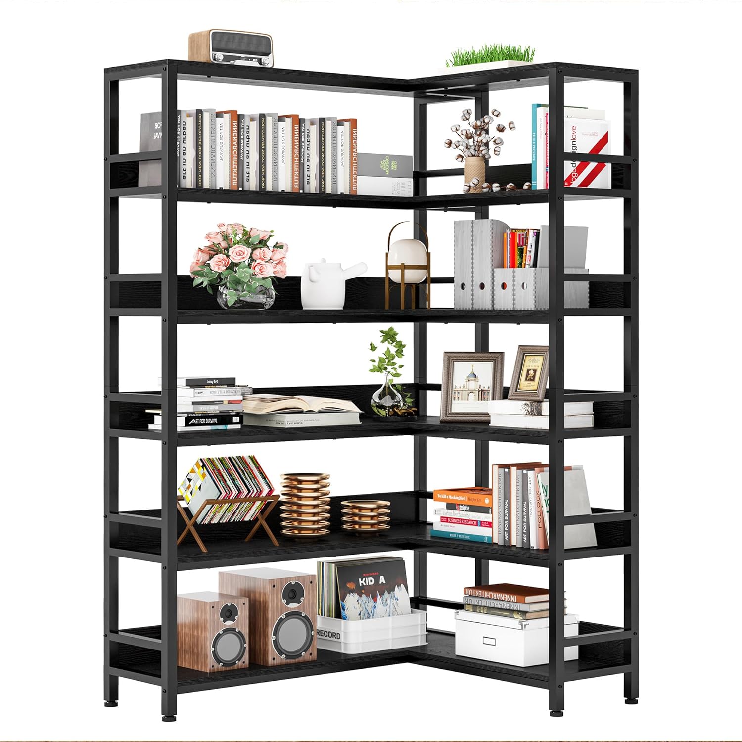 IRONCK Industrial Bookshelves 6 Tiers Corner Bookcases with Baffles Etagere Shelf Storage Rack with Metal Frame for Living Room Home Office