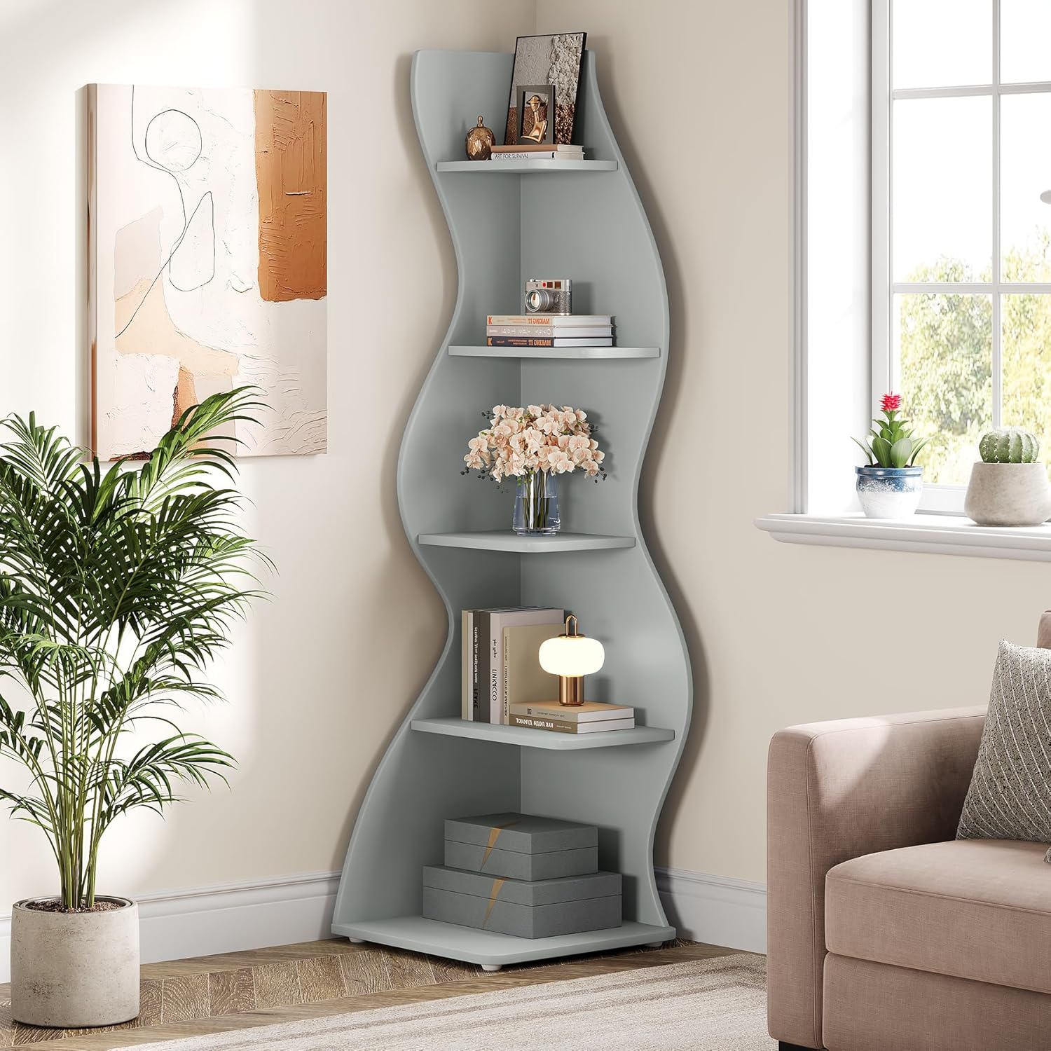 Tribesigns Wavy Corner Shelf, Modern 5-Tier Bookshelf Bookcase with Curvy Shape, Unique Plant Stand Display Rack for Living Room Small Space (Green)