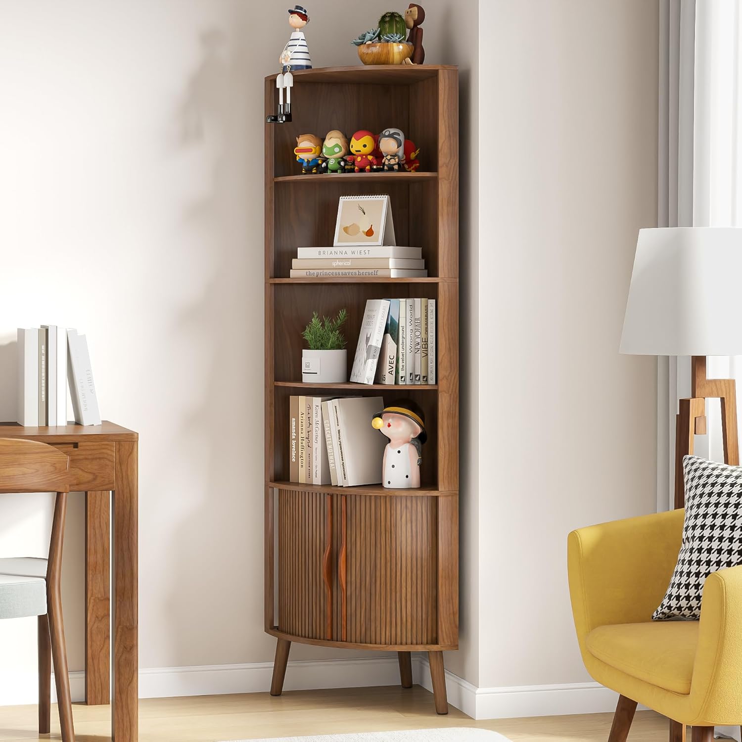 5-Tier Corner Shelf, 66.73''Tall Modern Corner Bookshelf, 5 Shelf Bookcase with 2 Fluted Doors, Freestanding Wood Corner Display Storage Shelf Organizer for Living Room, Office (Walnut)