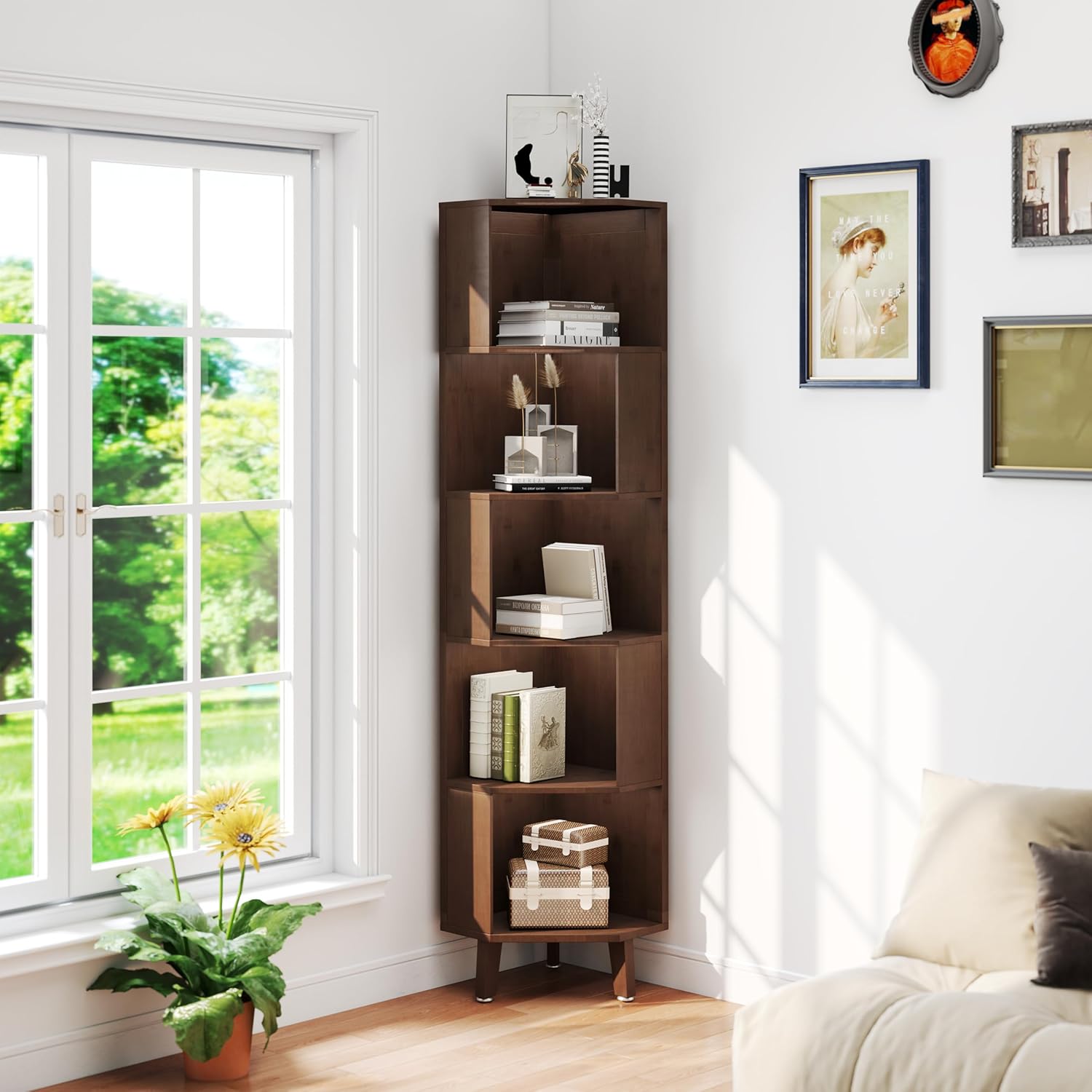 5-Tier Corner Bookshelf Bamboo Bookcase 71.5″ Corner Storage Shelves for Living Room,Bedroom,Kitchen, Study,Home Office