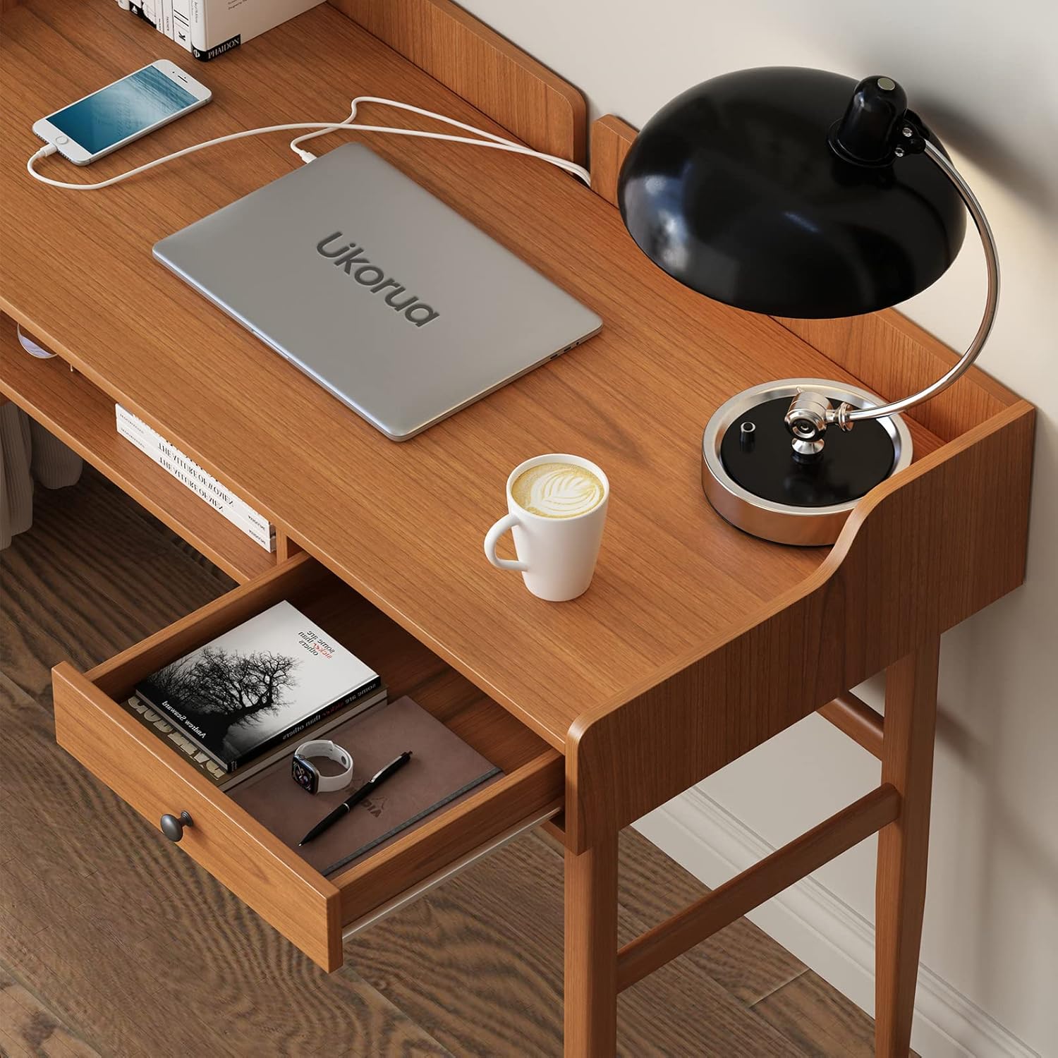 Vintage-Style Desk with Scandinavian Flair, Computer or Laptop Desk, Writing Desk with Drawer and Open Storage Cubby, Small Space Dressing Table